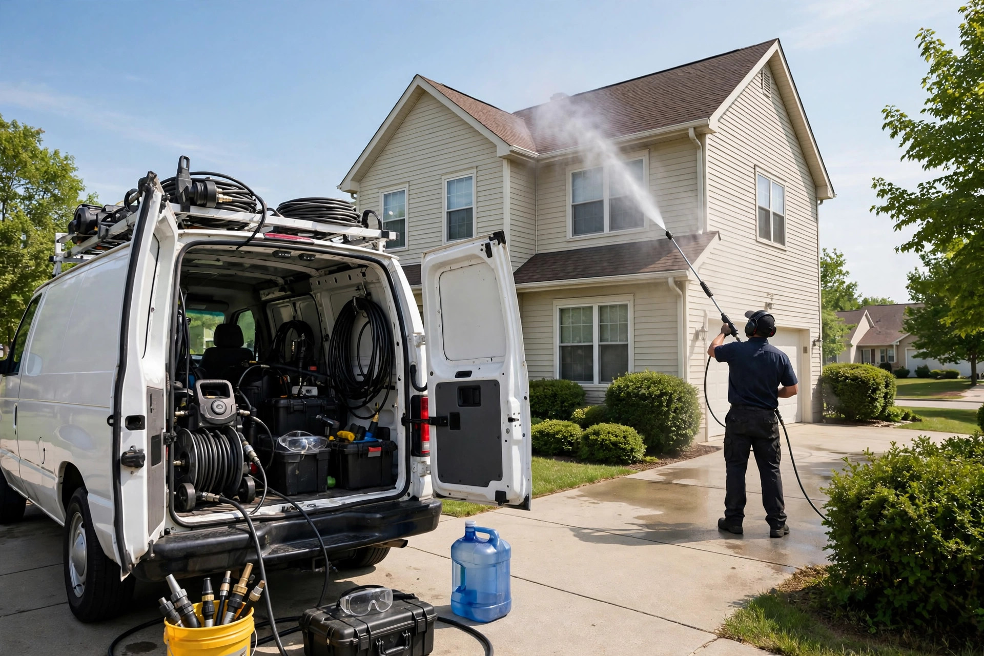 How Much Does a Pressure Washing Website Cost? Pressure washing van and technician cleaning a two story home exterior