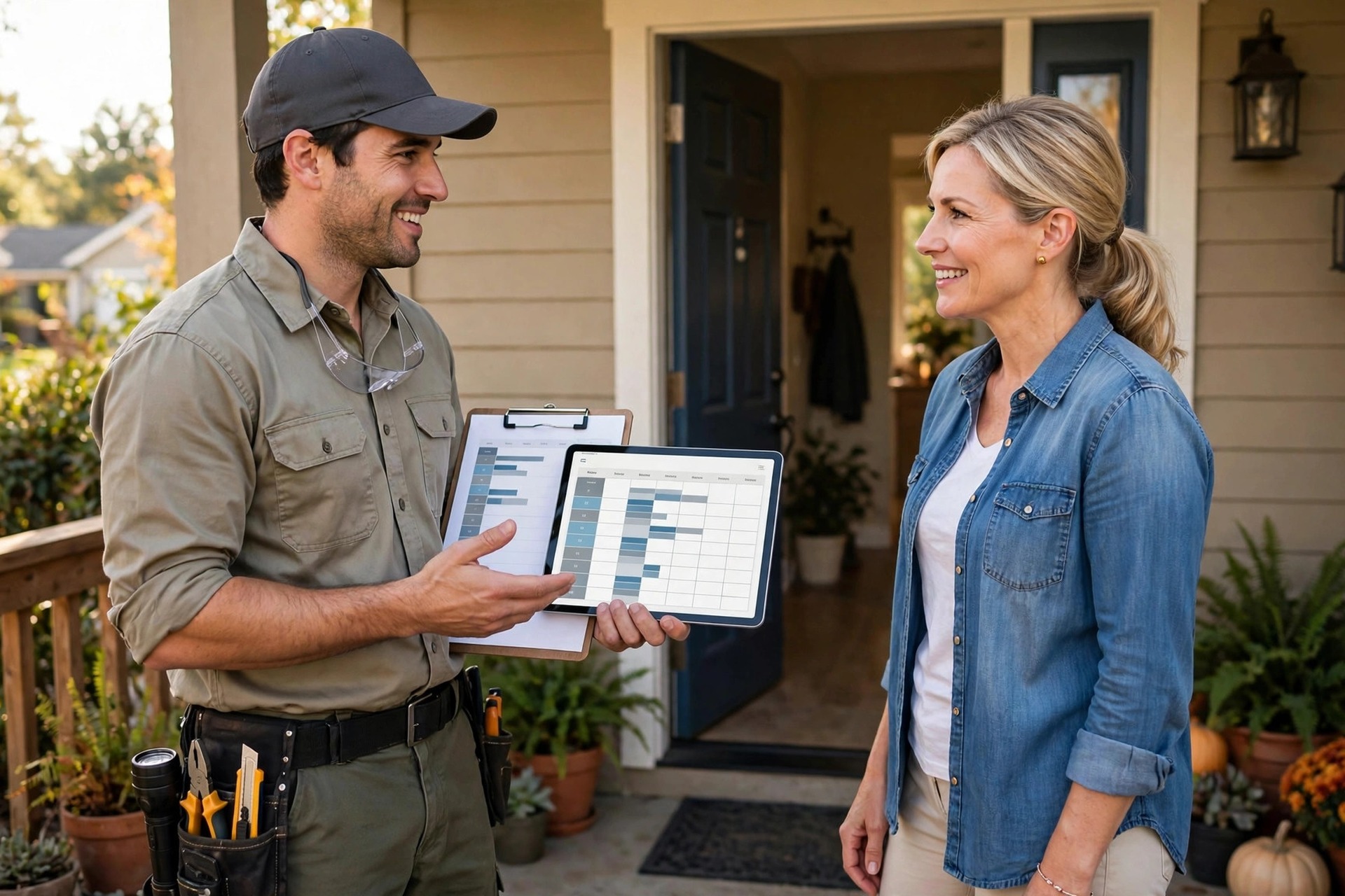 Pest control technician explaining a service plan to a homeowner at the front door