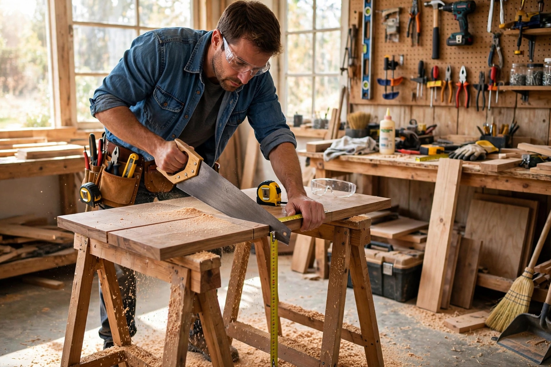 Handyman measuring and cutting wood in a bright home workshop