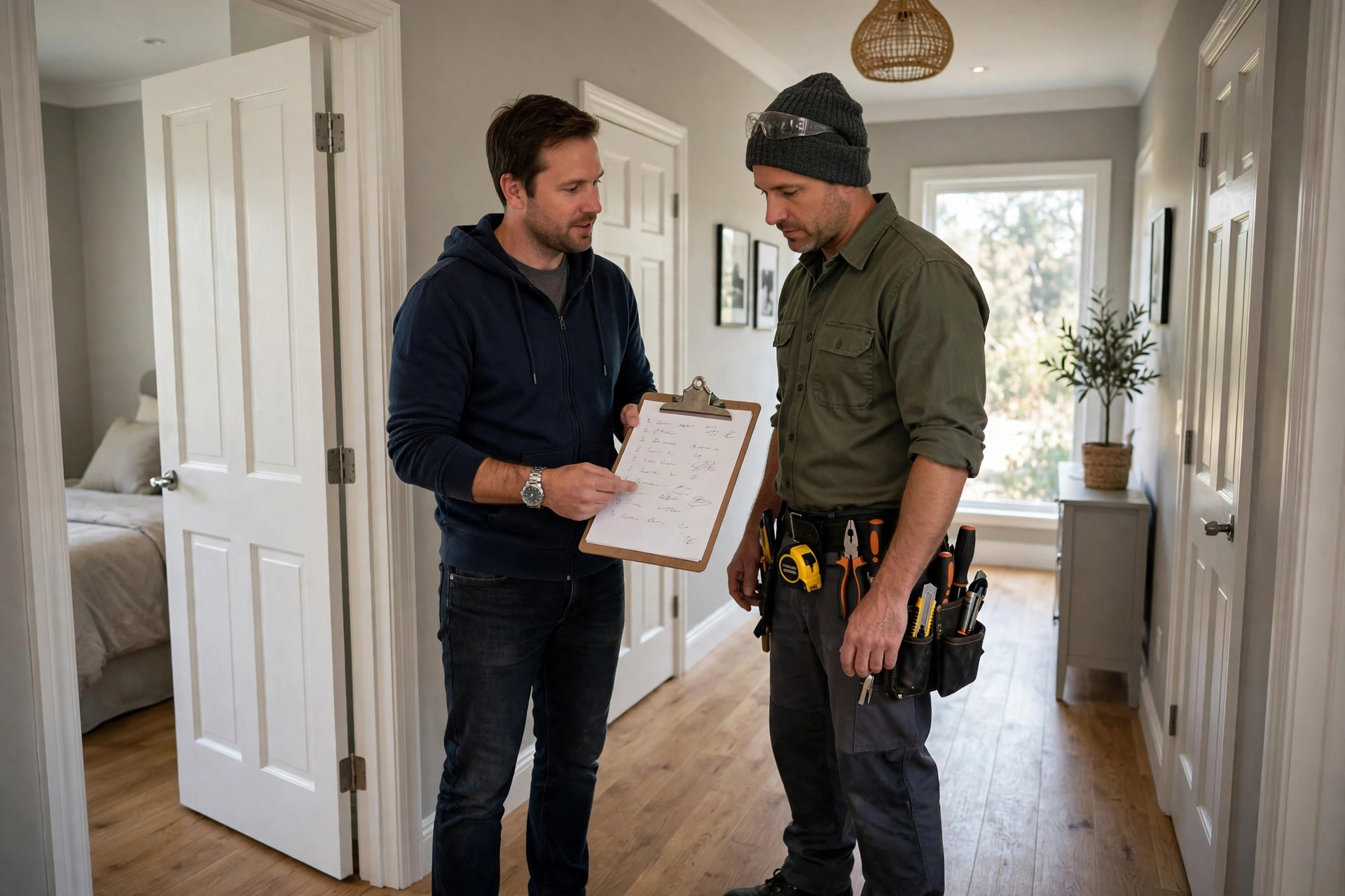 Homeowner showing a handyman a task list during a home walkthrough