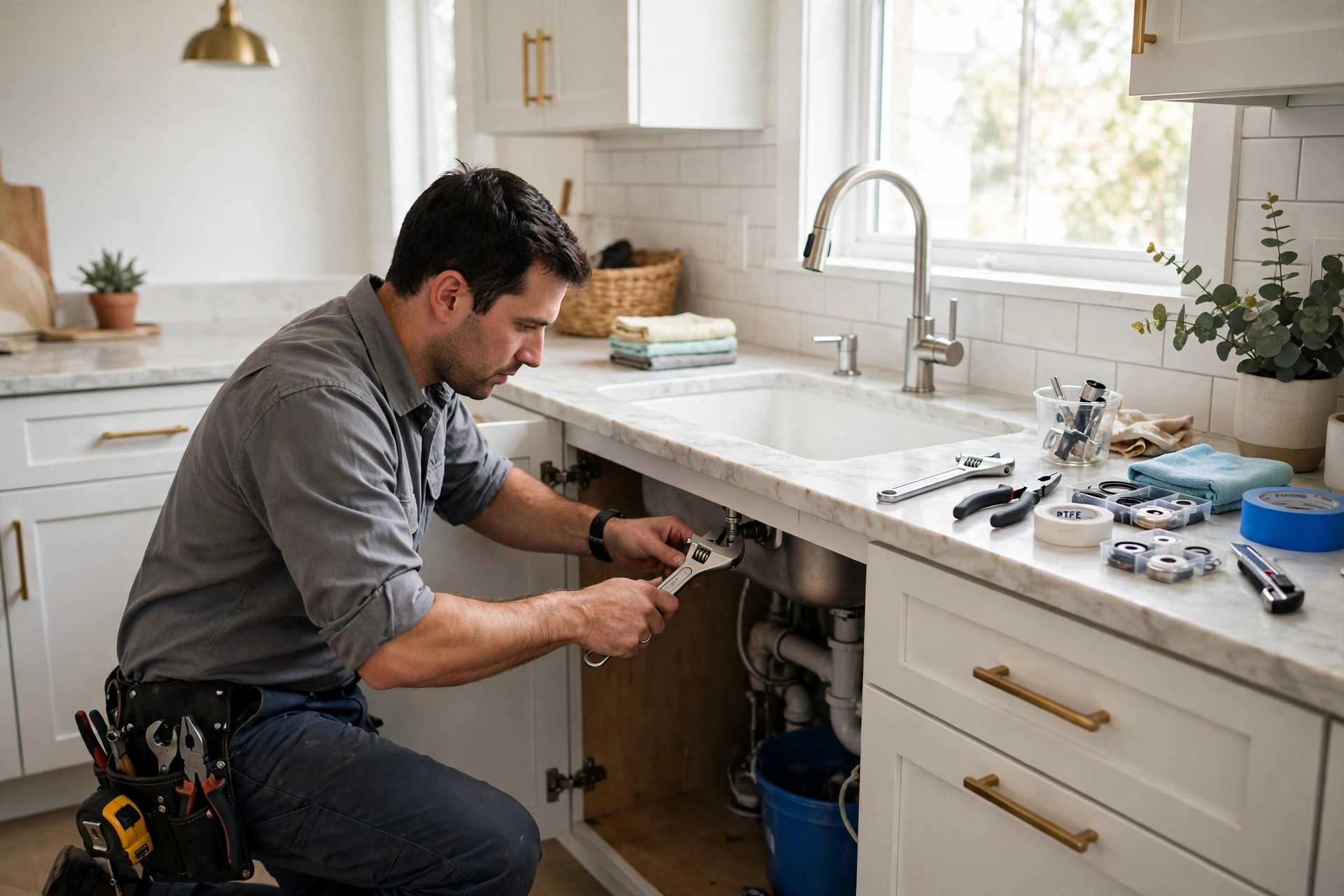 Handyman fixing a kitchen faucet with tools on a clean counter