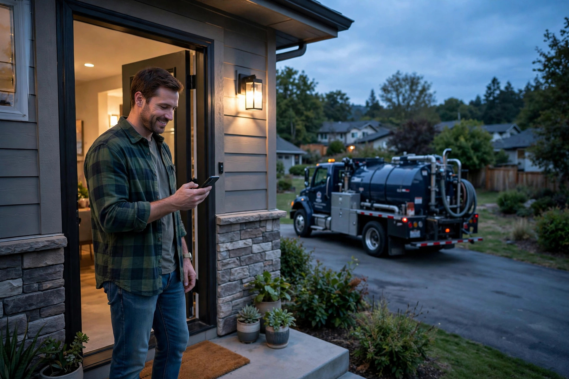 How Much Does a Septic Service Website Cost? Homeowner at their front door holding a phone with a septic service truck in the driveway