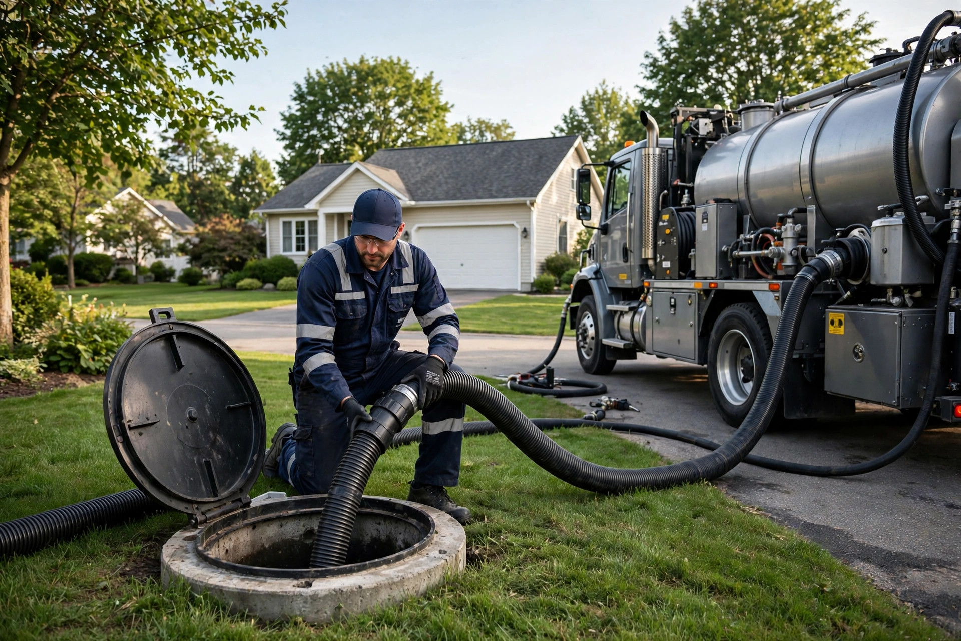 How Much Does a Septic Service Website Cost? Septic technician pumping a residential septic tank with a service truck