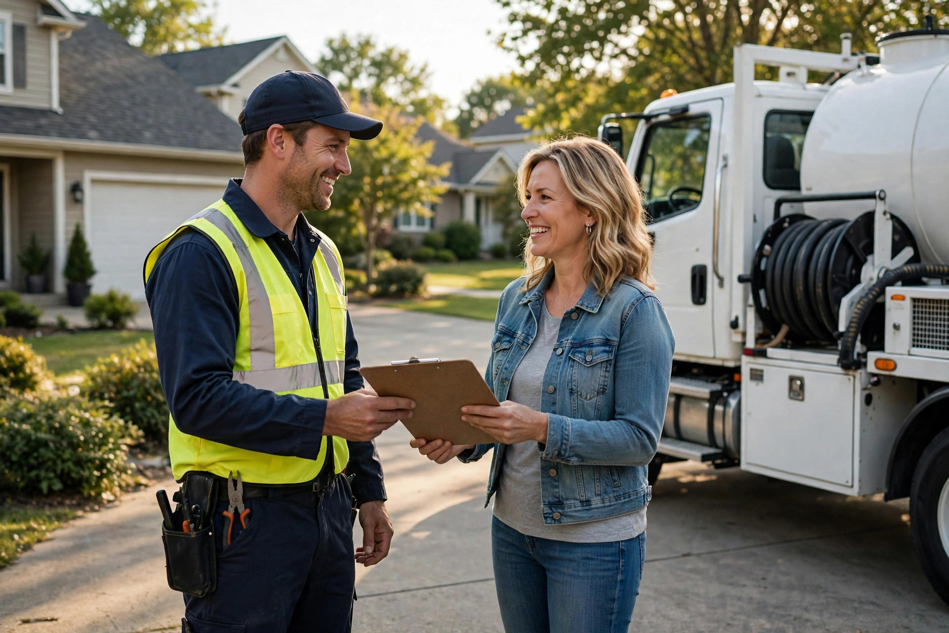 How Much Does a Septic Service Website Cost? Septic technician handing an invoice to a happy homeowner in a driveway