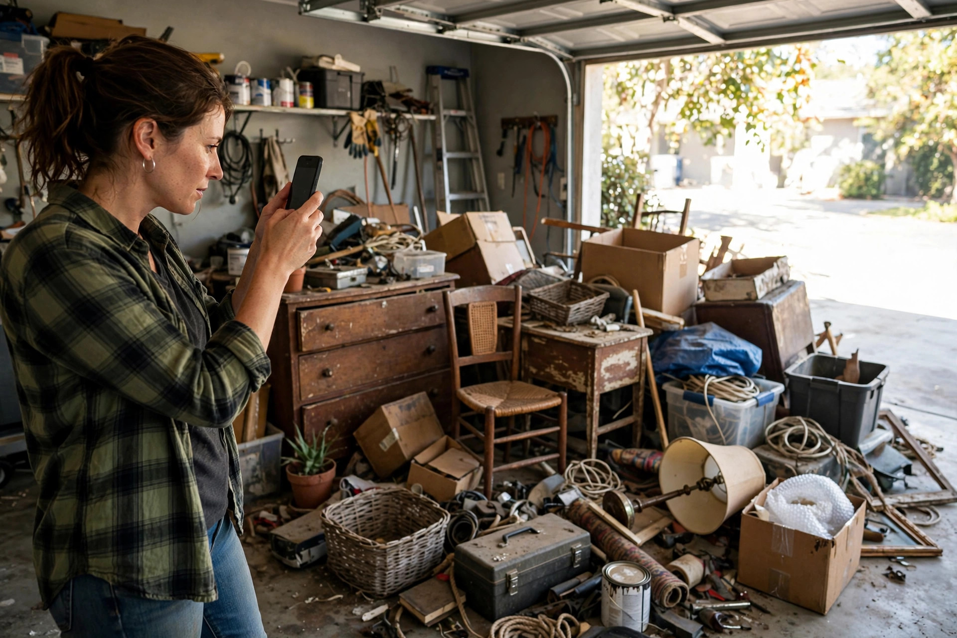 Should Your Junk Removal Company Use an AI Chatbot? Person photographing junk items in a garage with a smartphone for a quote