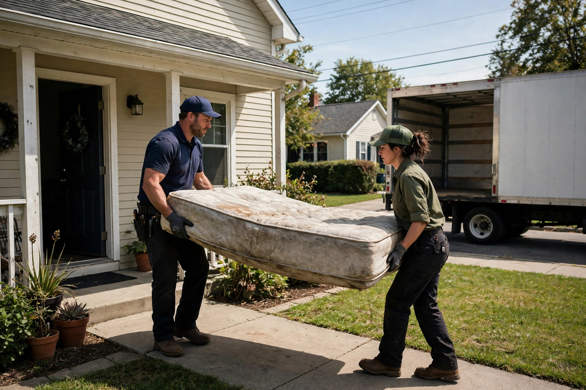 Should Your Junk Removal Company Use an AI Chatbot? Junk removal crew carrying an old mattress out of a house to a truck