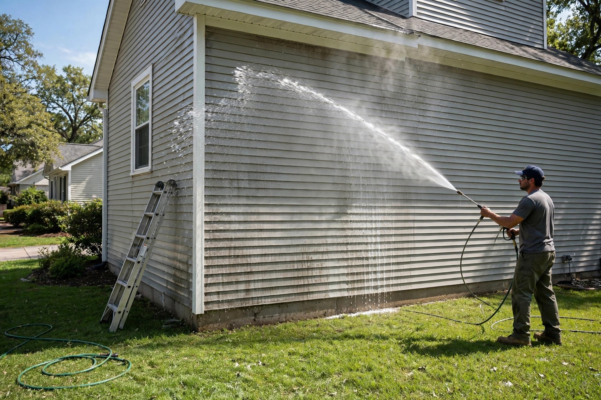 Worker pressure washing the siding of a suburban house with a spray wand on a sunny day
