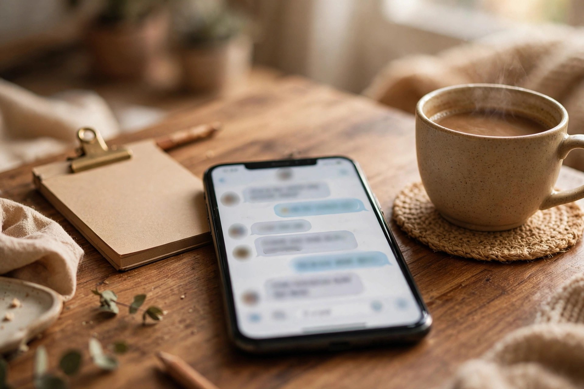 Smartphone on a desk showing a chat conversation with an instant pressure washing quote