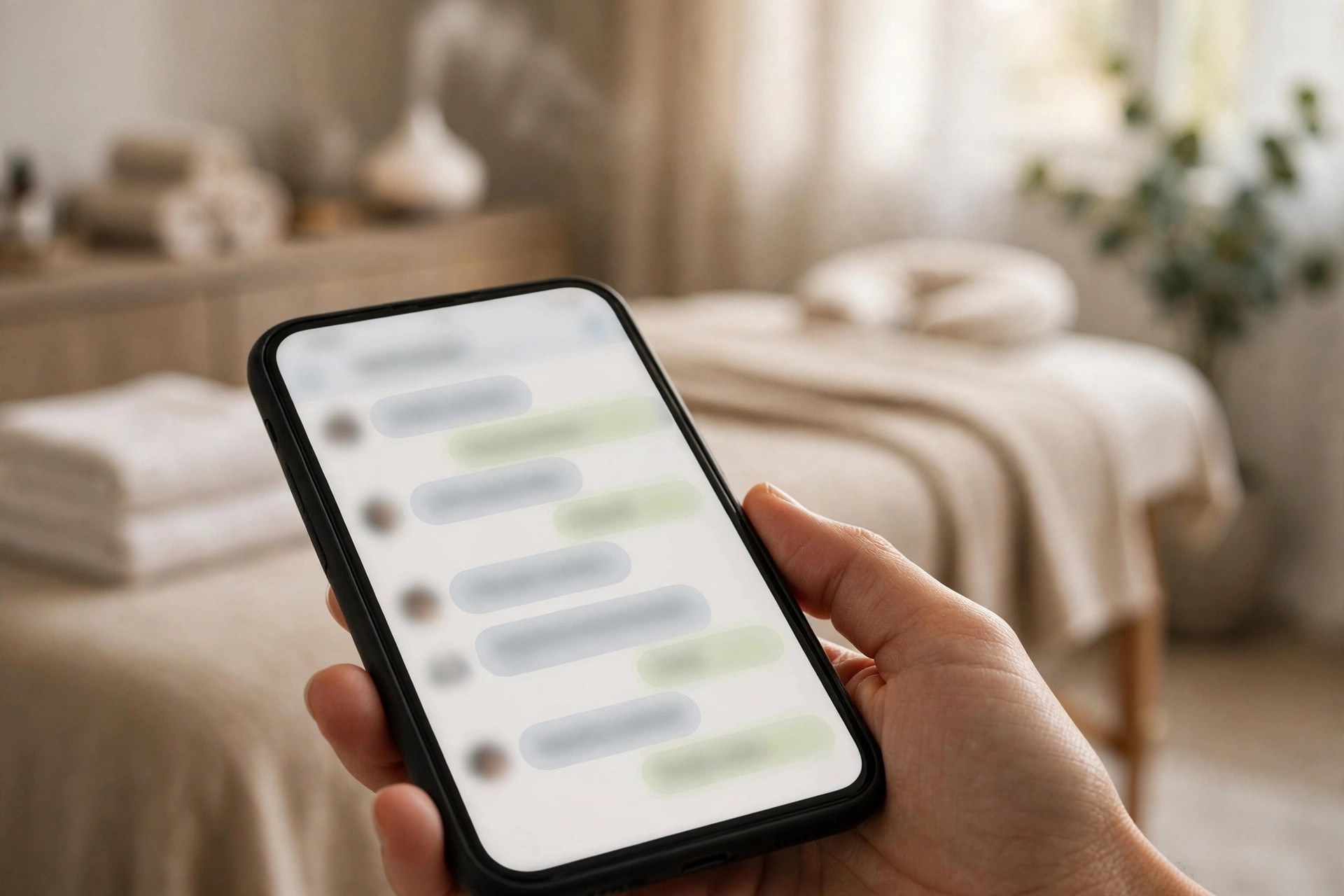 WhatsApp Chatbots for Med Spas: Bookings, Reminders, and Reactivation Hand holding a smartphone with a messaging chat open and a med spa treatment room behind it