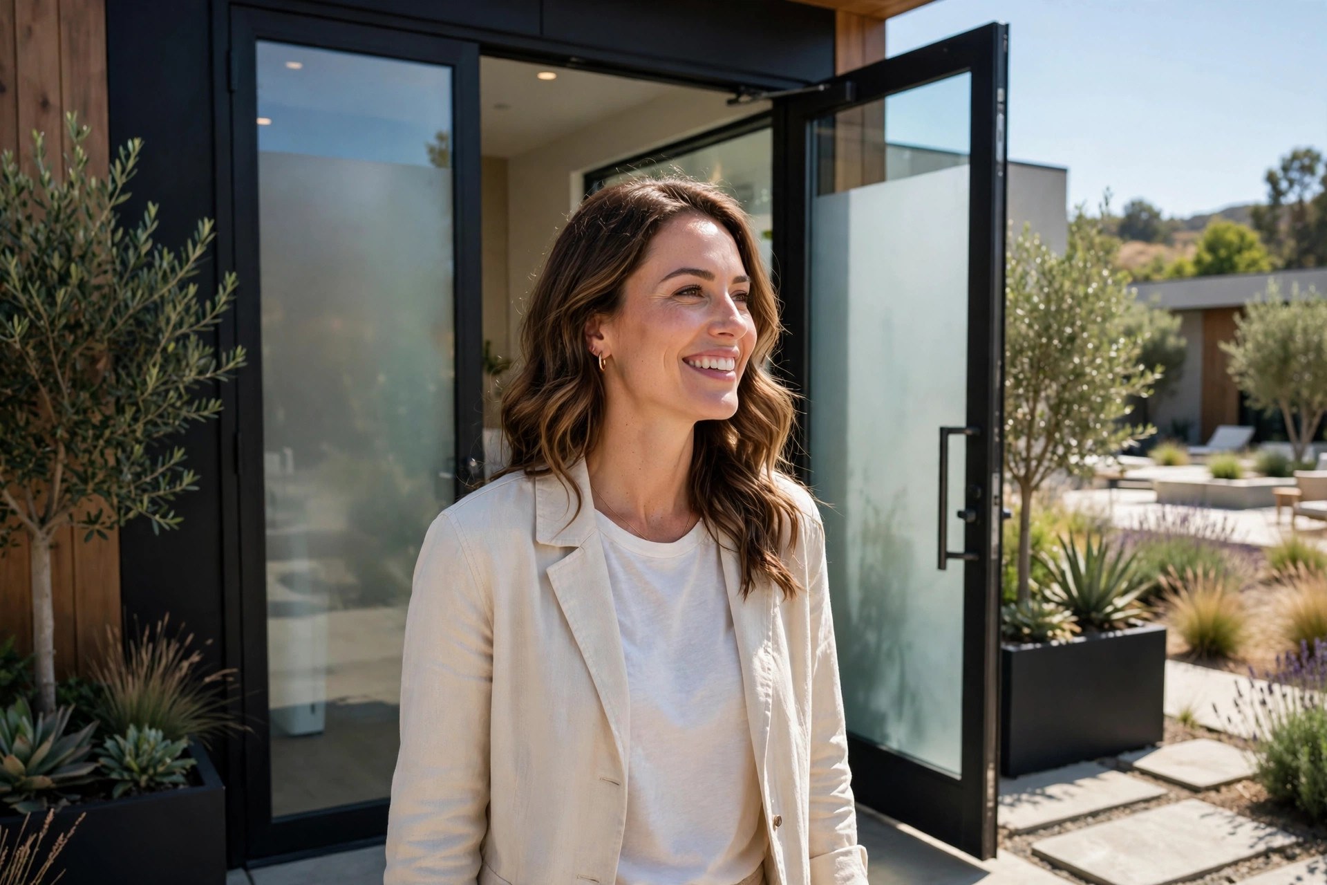 WhatsApp Chatbots for Med Spas: Bookings, Reminders, and Reactivation Smiling woman with glowing skin leaving a modern med spa entrance in daylight