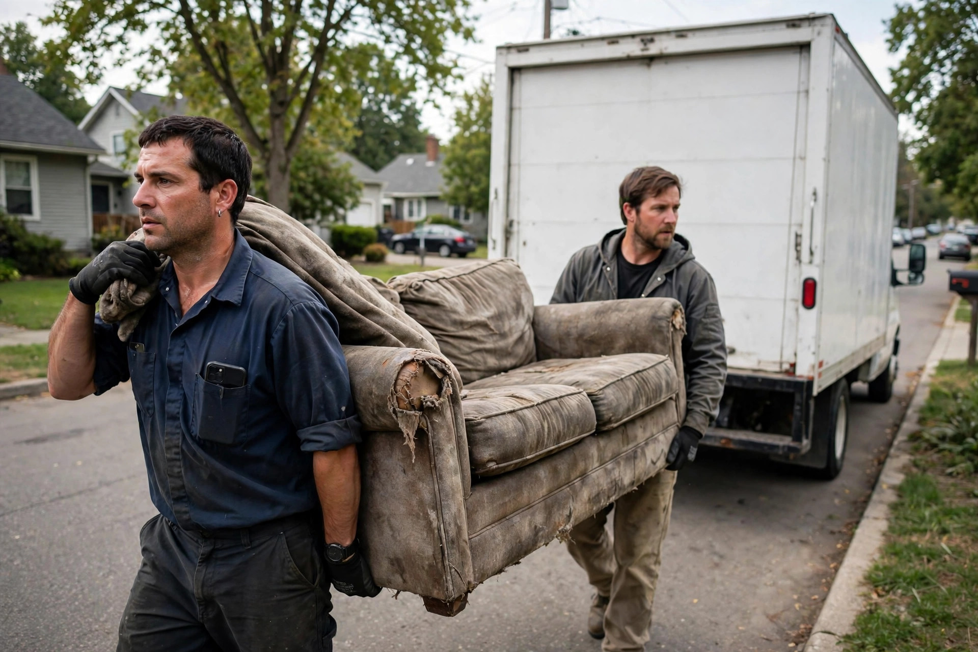 Two junk removal workers carrying a worn out couch toward a box truck on a residential street