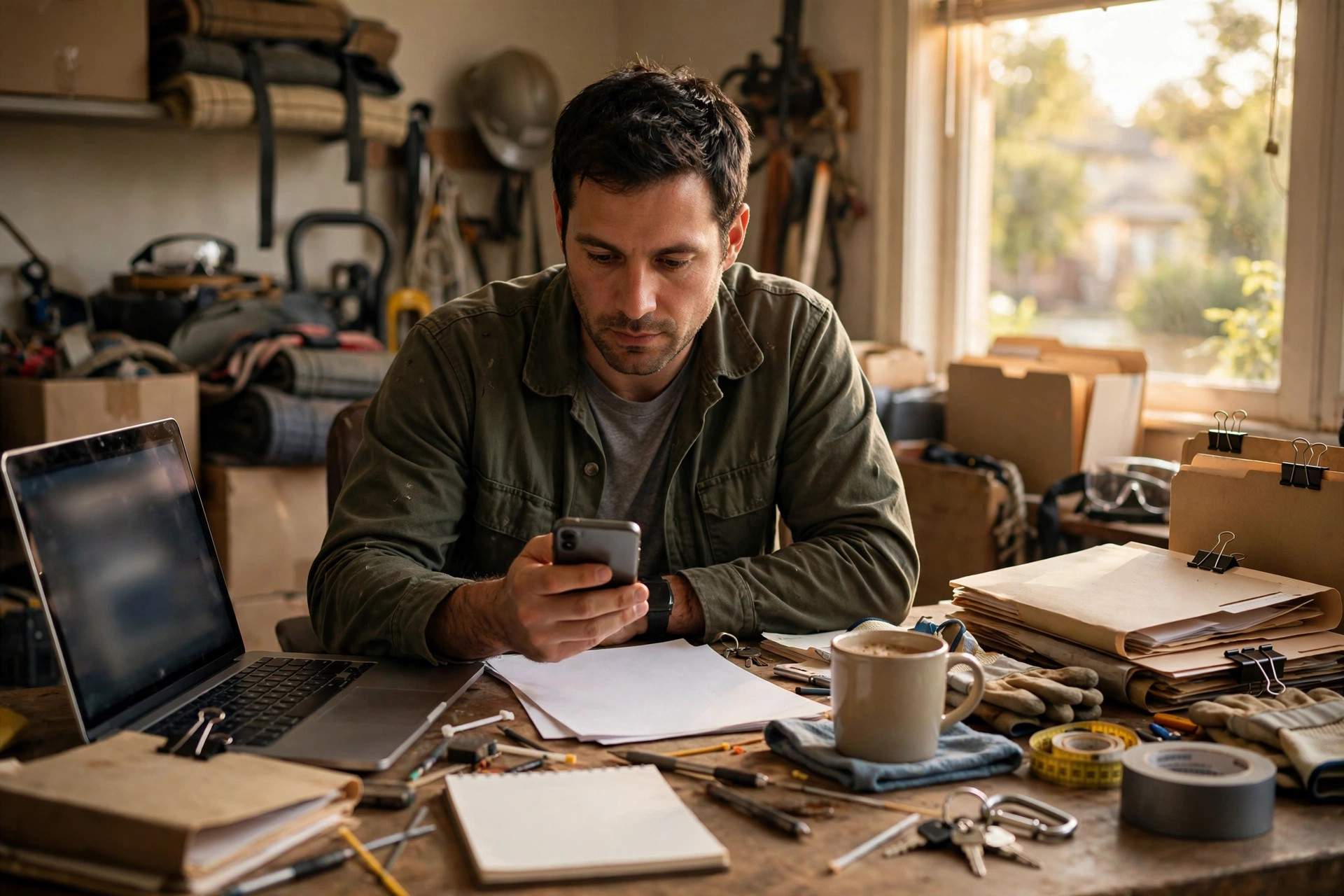Junk removal business owner reading a text message on a smartphone at an office desk