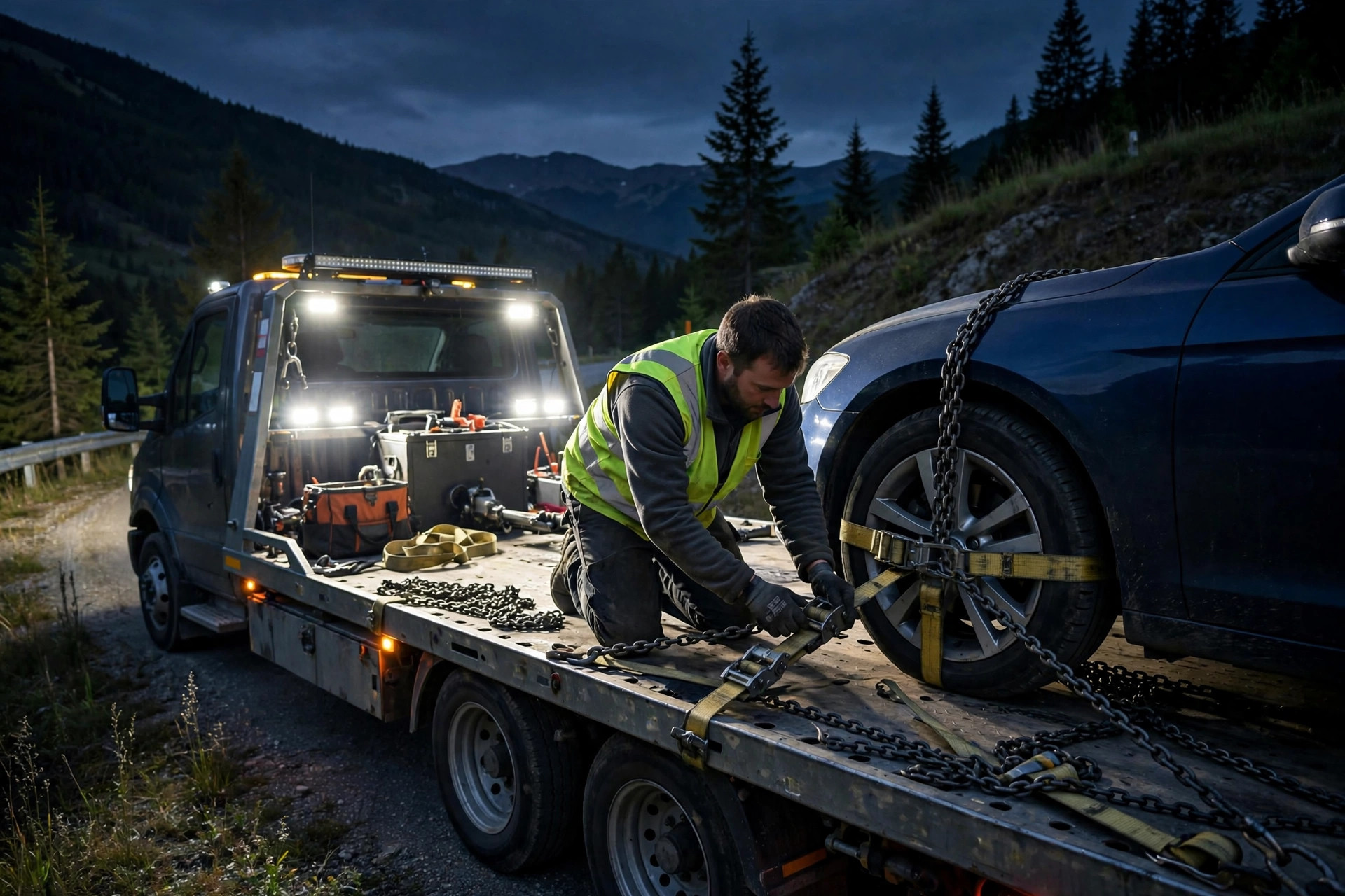 Missed Call Text Back for Towing Companies Tow truck driver strapping down a car on a flatbed trailer at night under bright work lights