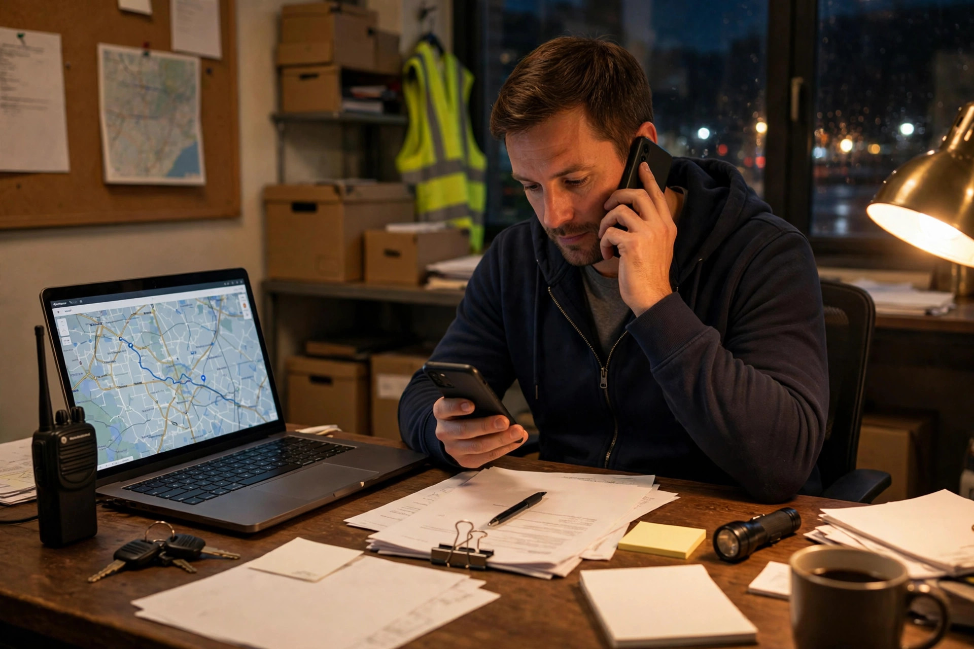 Missed Call Text Back for Towing Companies Towing company dispatcher answering messages on a phone and laptop at a small office desk