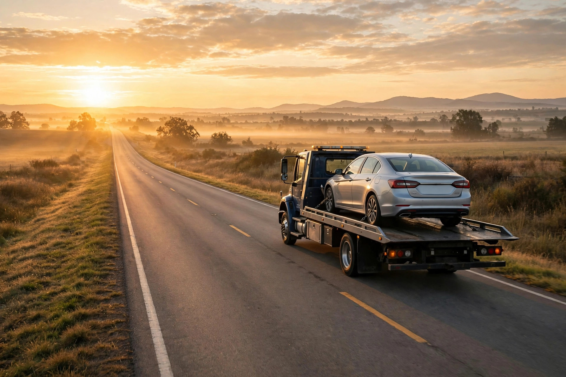 Missed Call Text Back for Towing Companies Flatbed tow truck driving on a highway at sunrise carrying a car