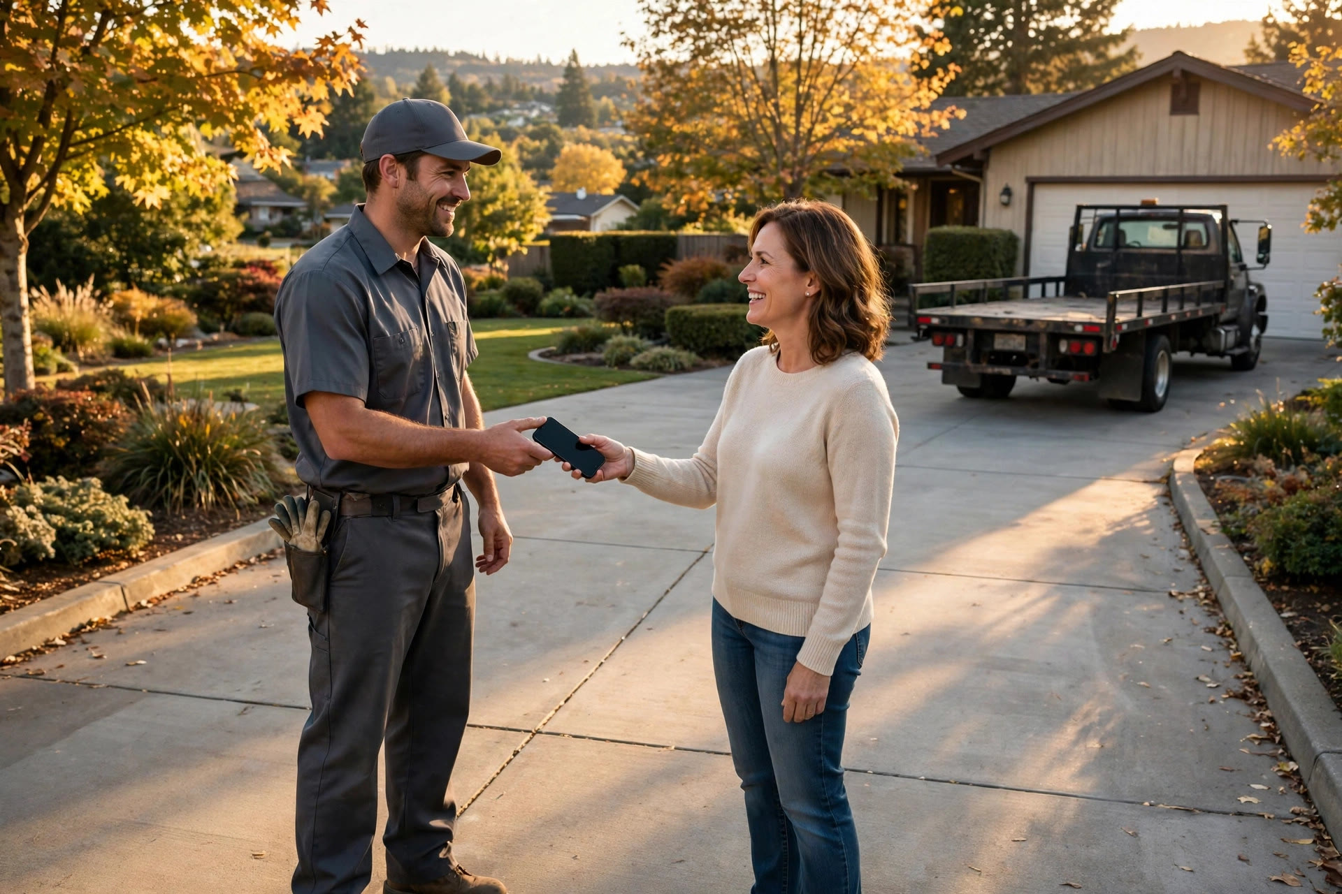 Junk removal crew member talking with a smiling homeowner after clearing a driveway