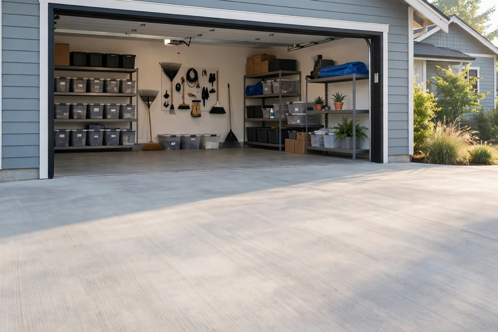 Clean empty driveway after junk removal with a freshly swept concrete surface