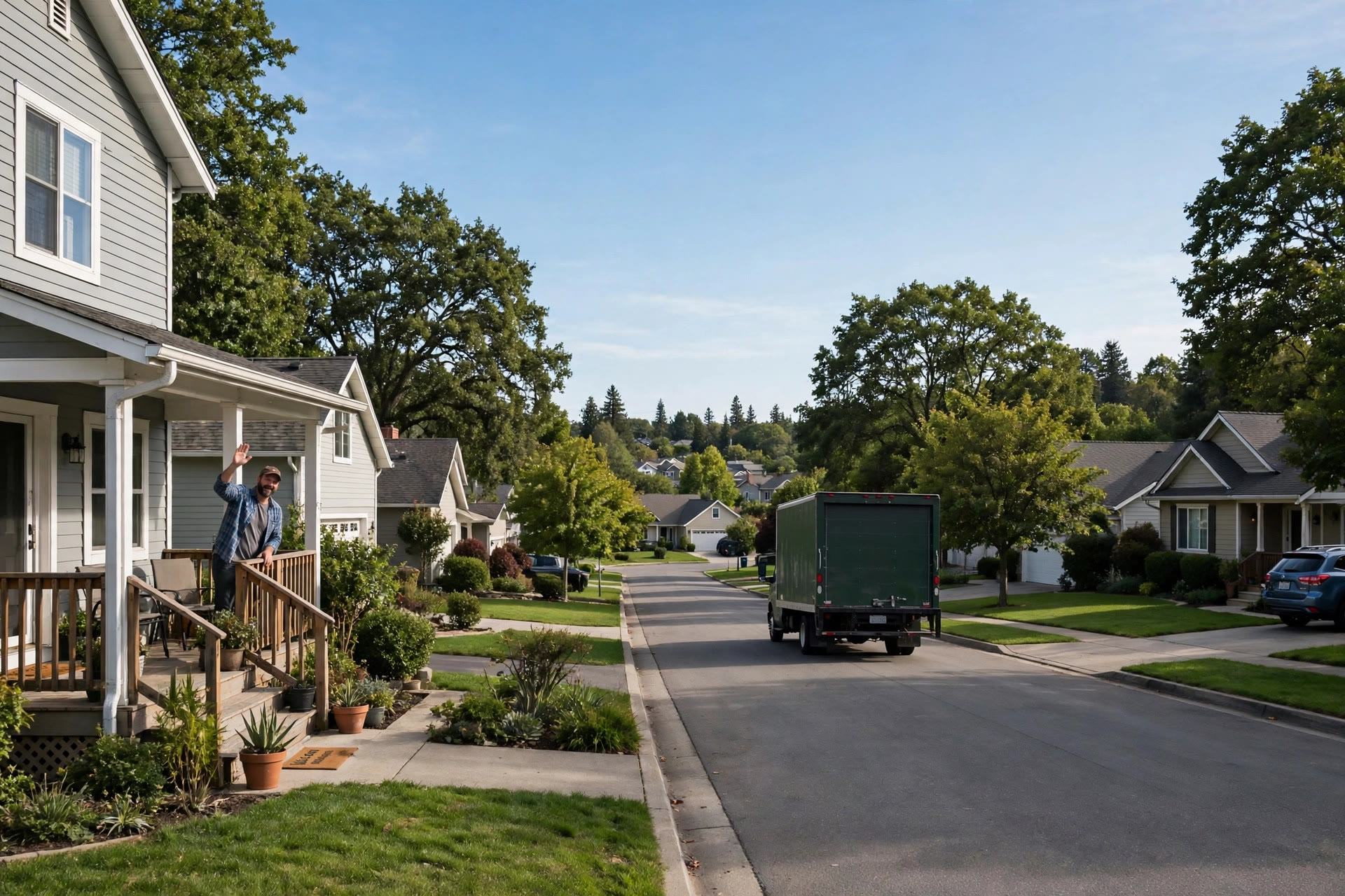 Junk removal truck driving away from a suburban home after a completed job