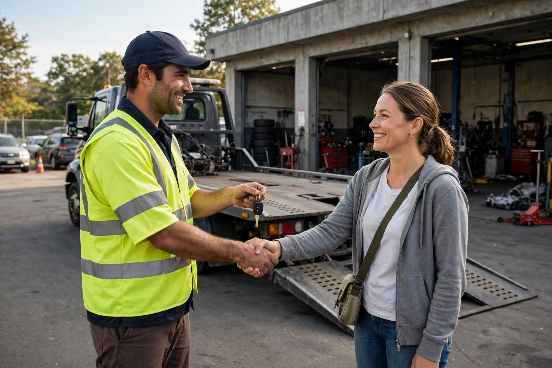 Tow truck driver handing car keys to a relieved customer at an auto repair shop