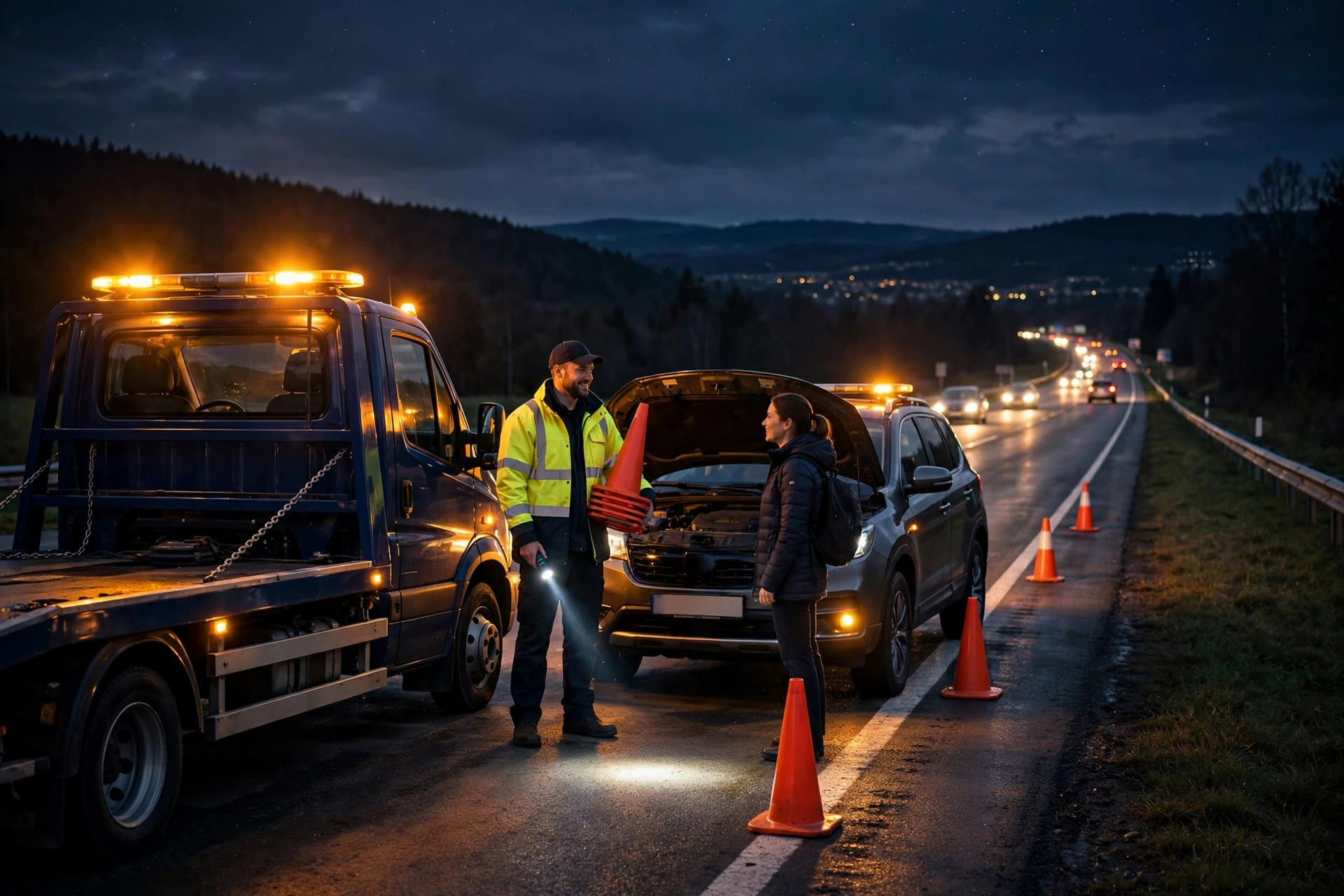 Tow truck driver helping a motorist at night with amber beacon lights glowing