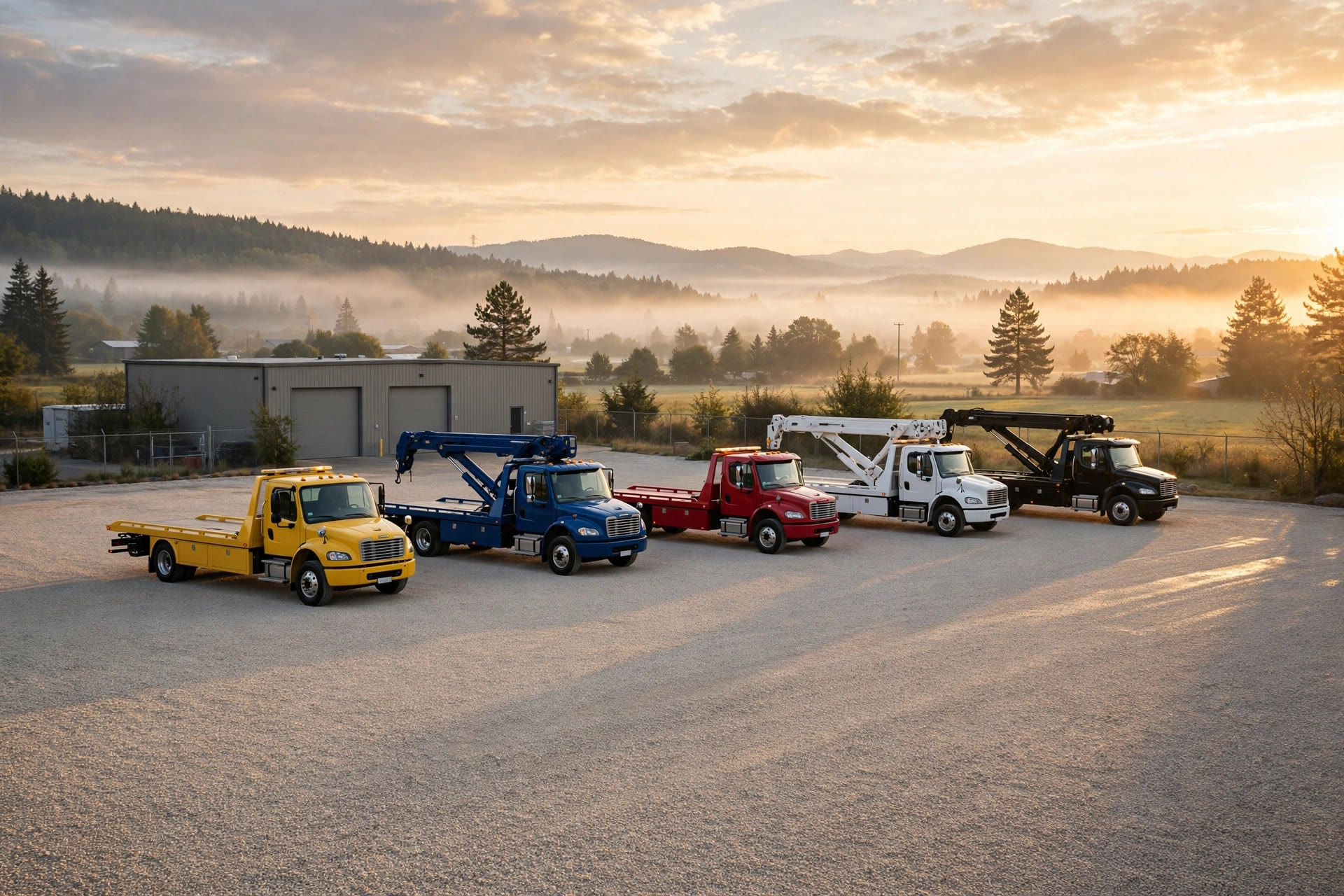 Fleet of clean tow trucks parked in a tidy company yard at sunrise