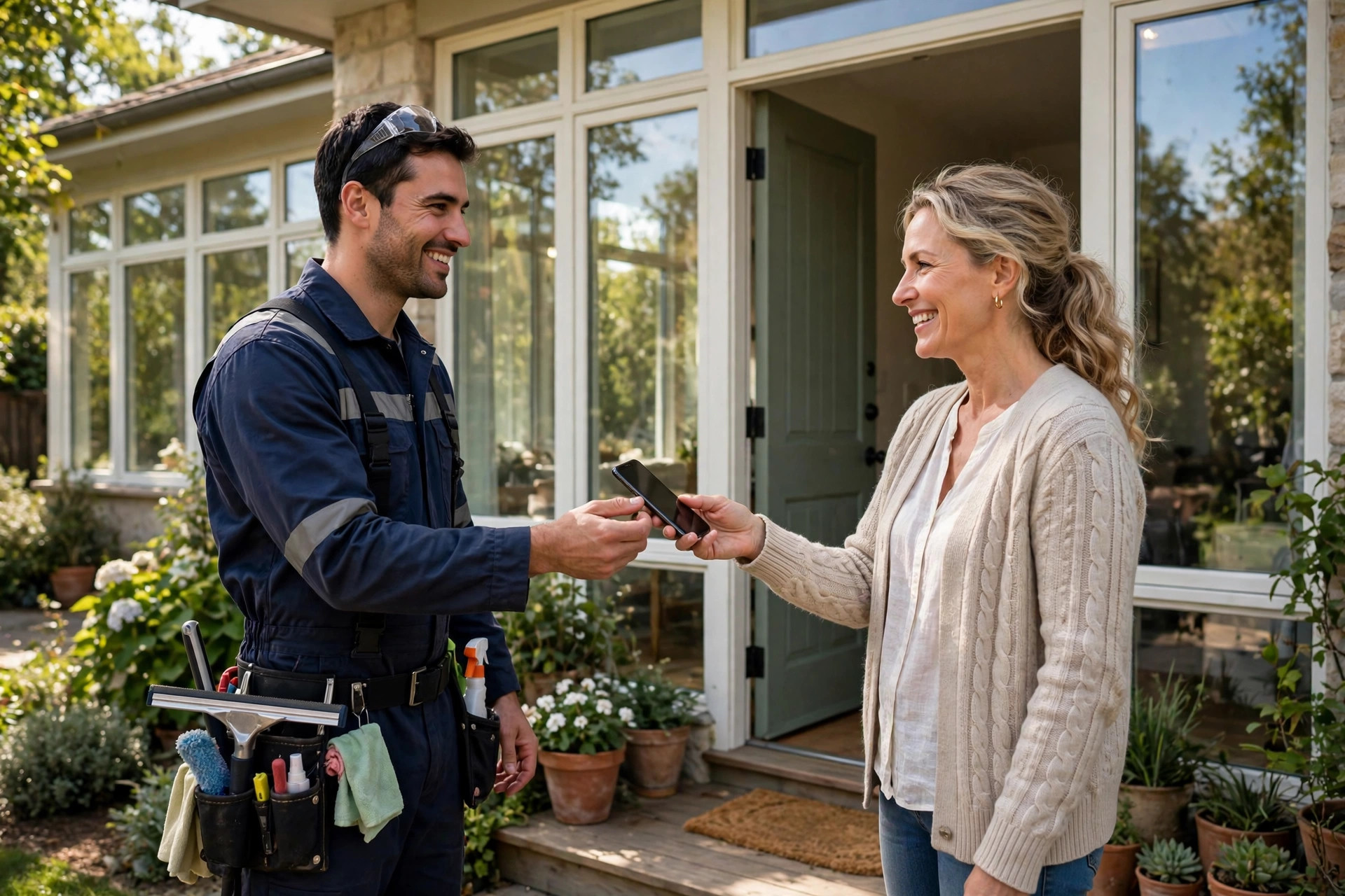 Window cleaner handing a smartphone to a smiling homeowner to leave a review after the job
