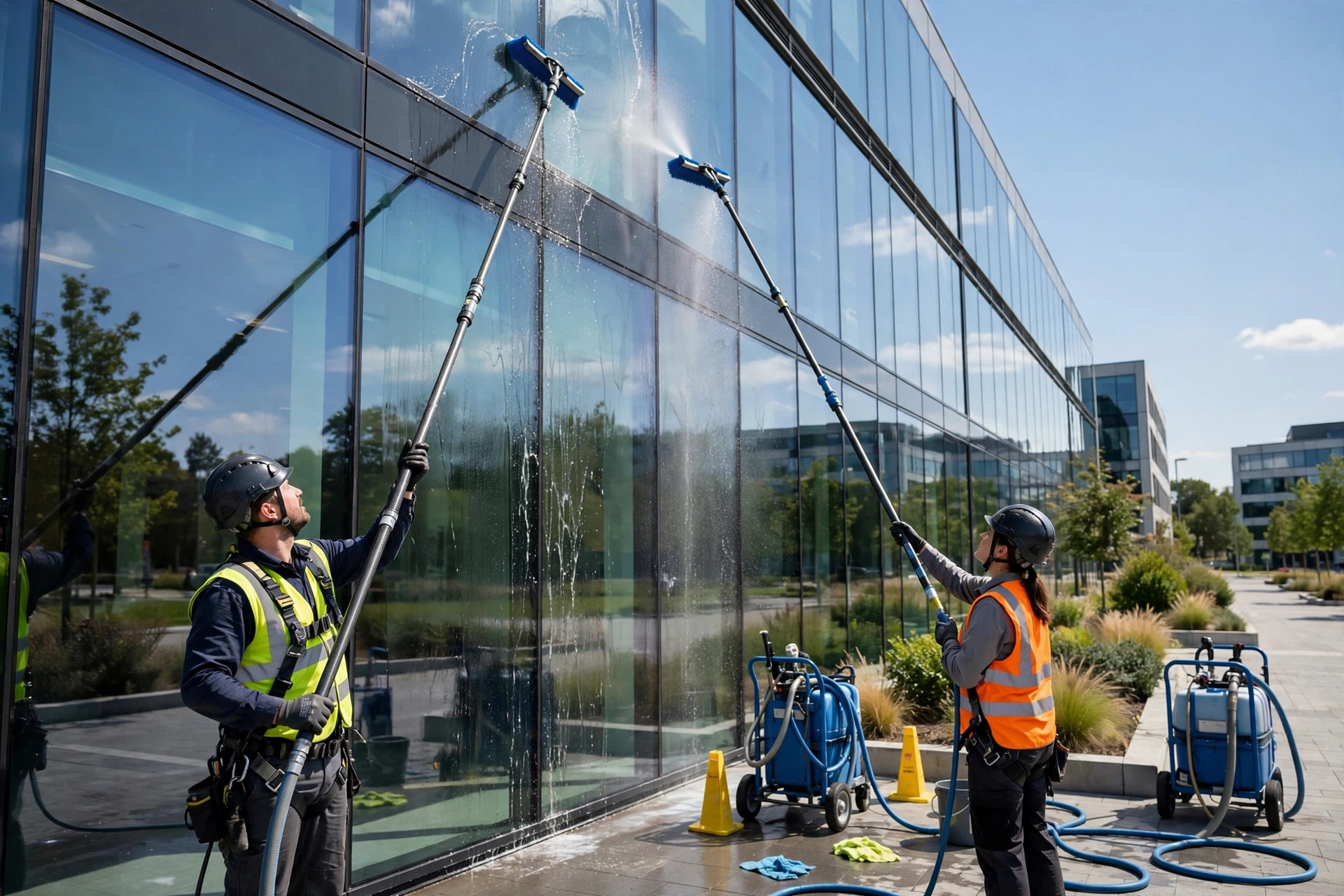 Window cleaning crew working on a commercial office building with water fed poles