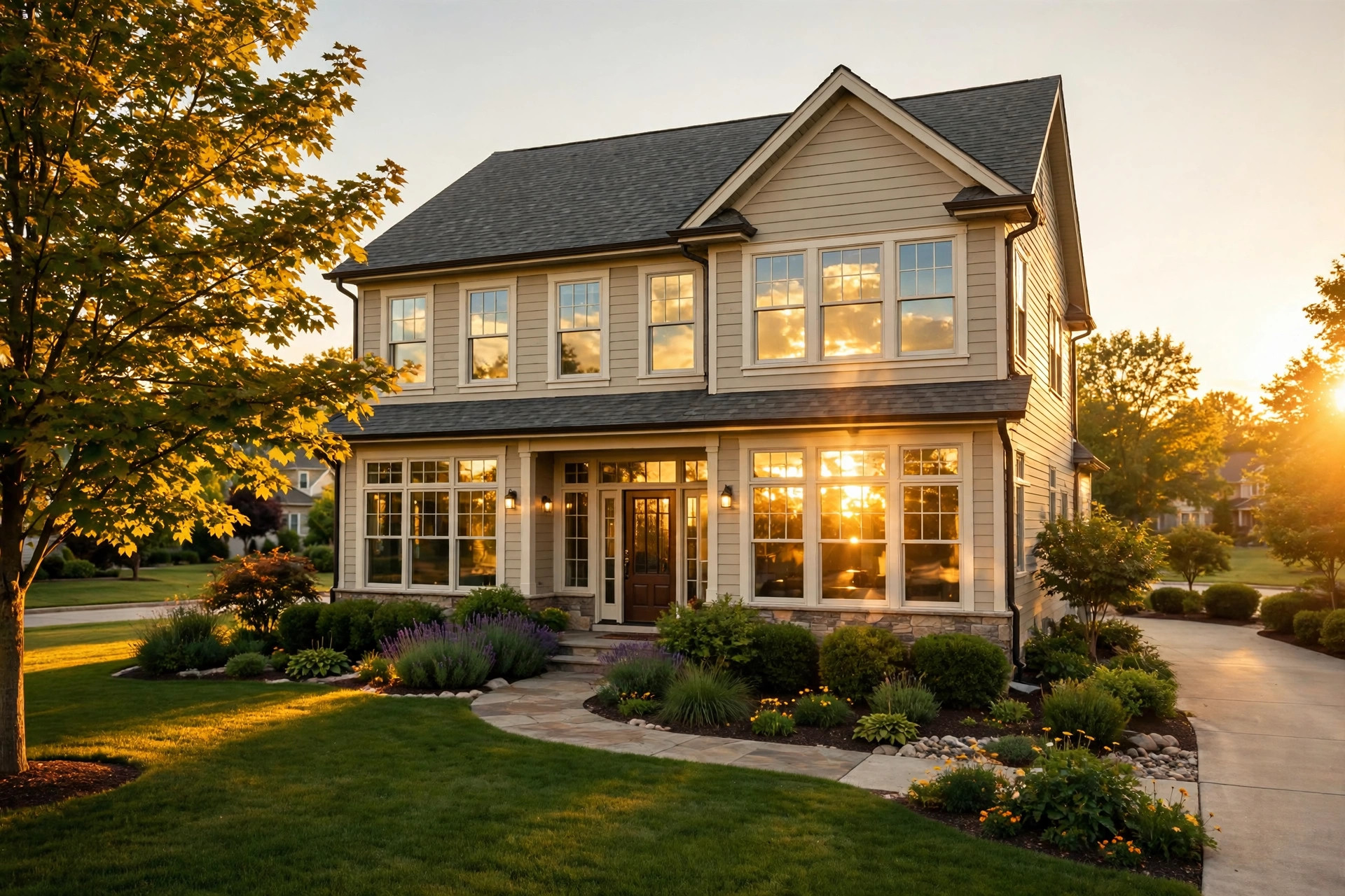 Sparkling clean residential windows on a two story house at golden hour