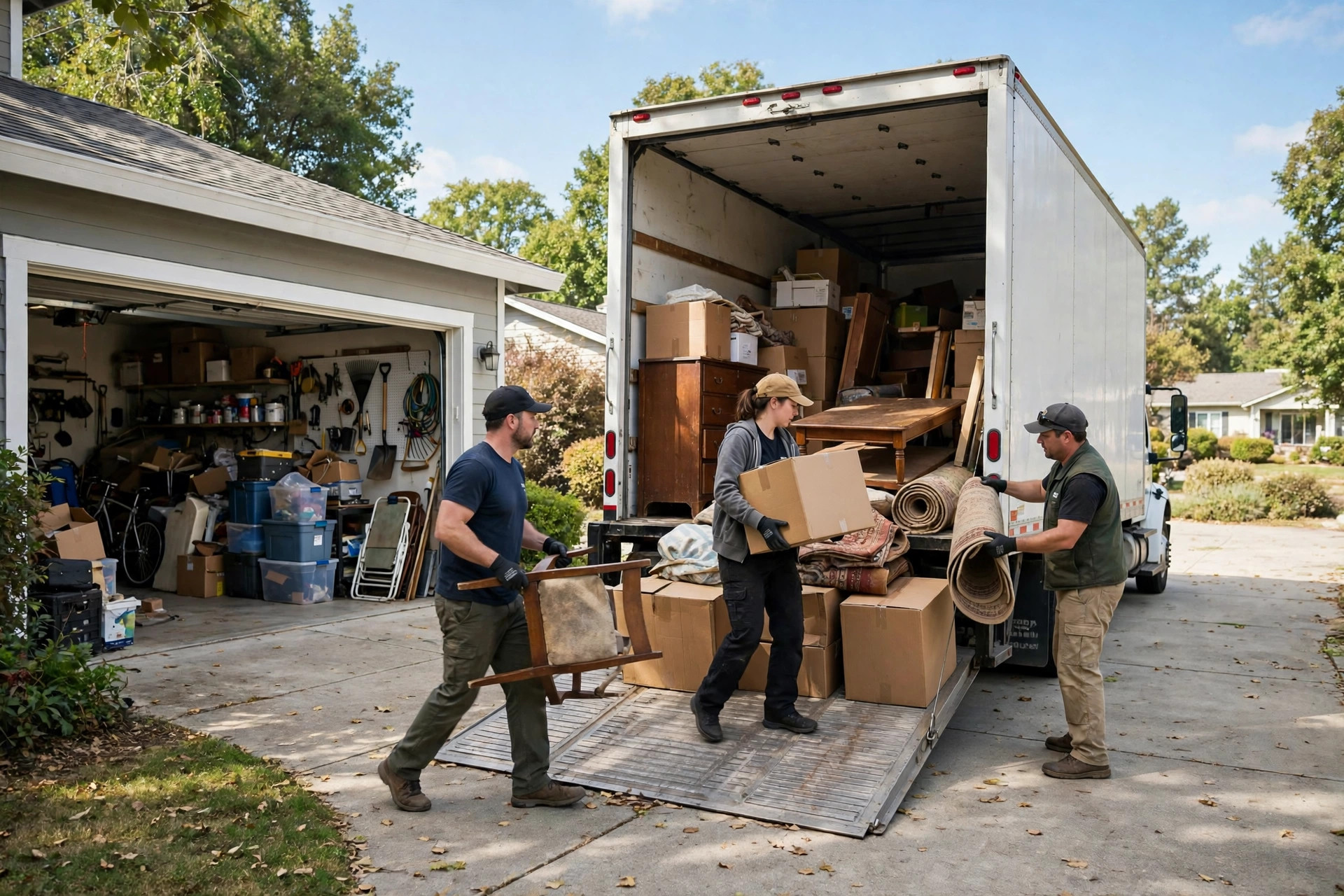 Google Ads Cost for Junk Removal Companies Junk removal crew loading old furniture into a truck in a suburban driveway