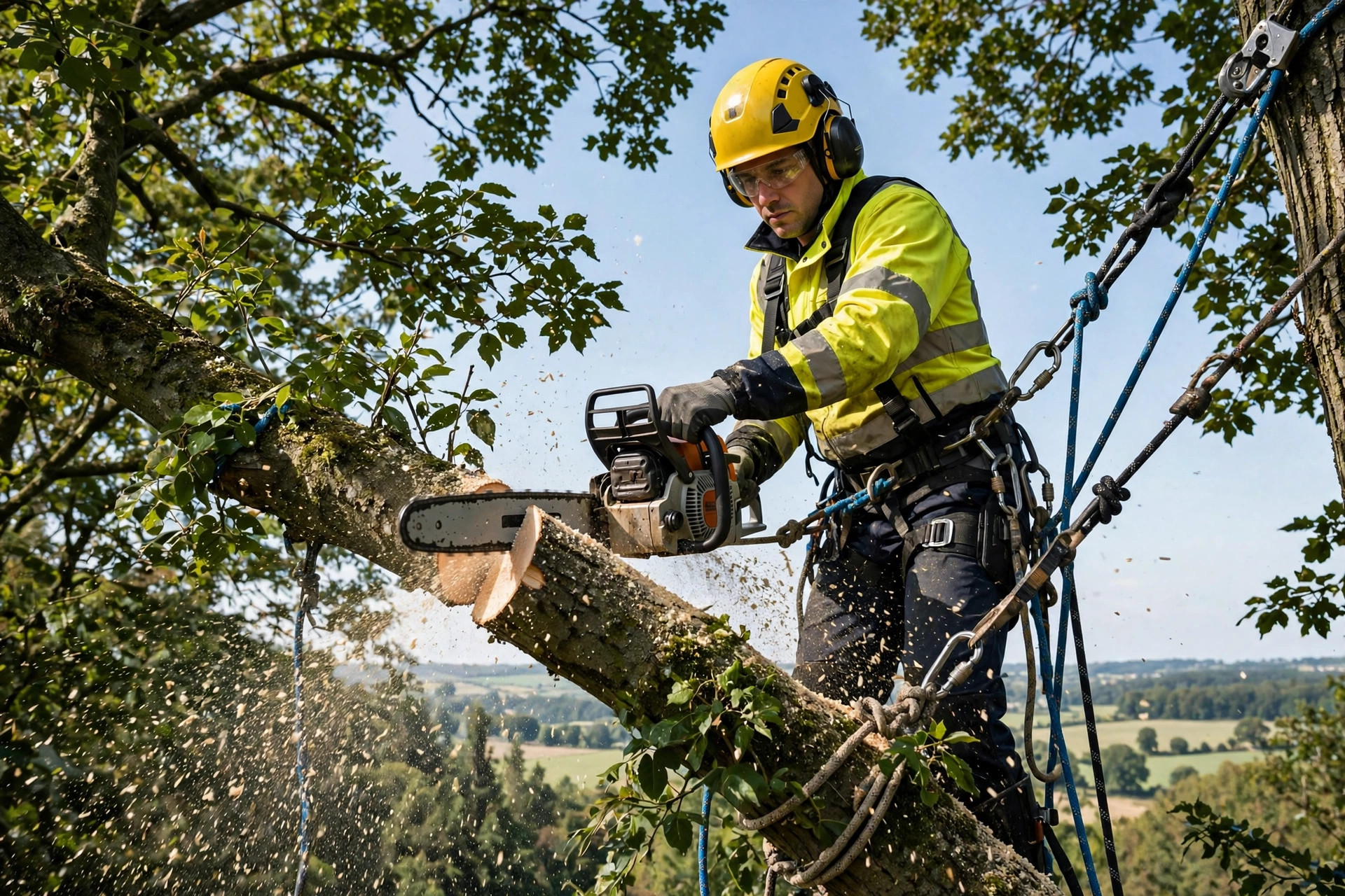 Google Ads Cost for Tree Service Companies Arborist in safety gear cutting a large branch with a chainsaw high in a tree