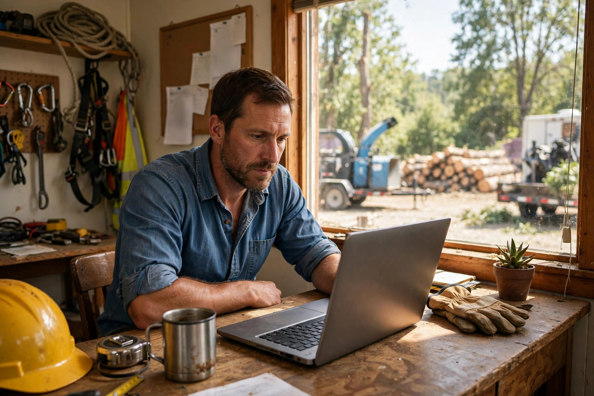 Google Ads Cost for Tree Service Companies Tree service business owner reviewing job leads on a laptop in a small office