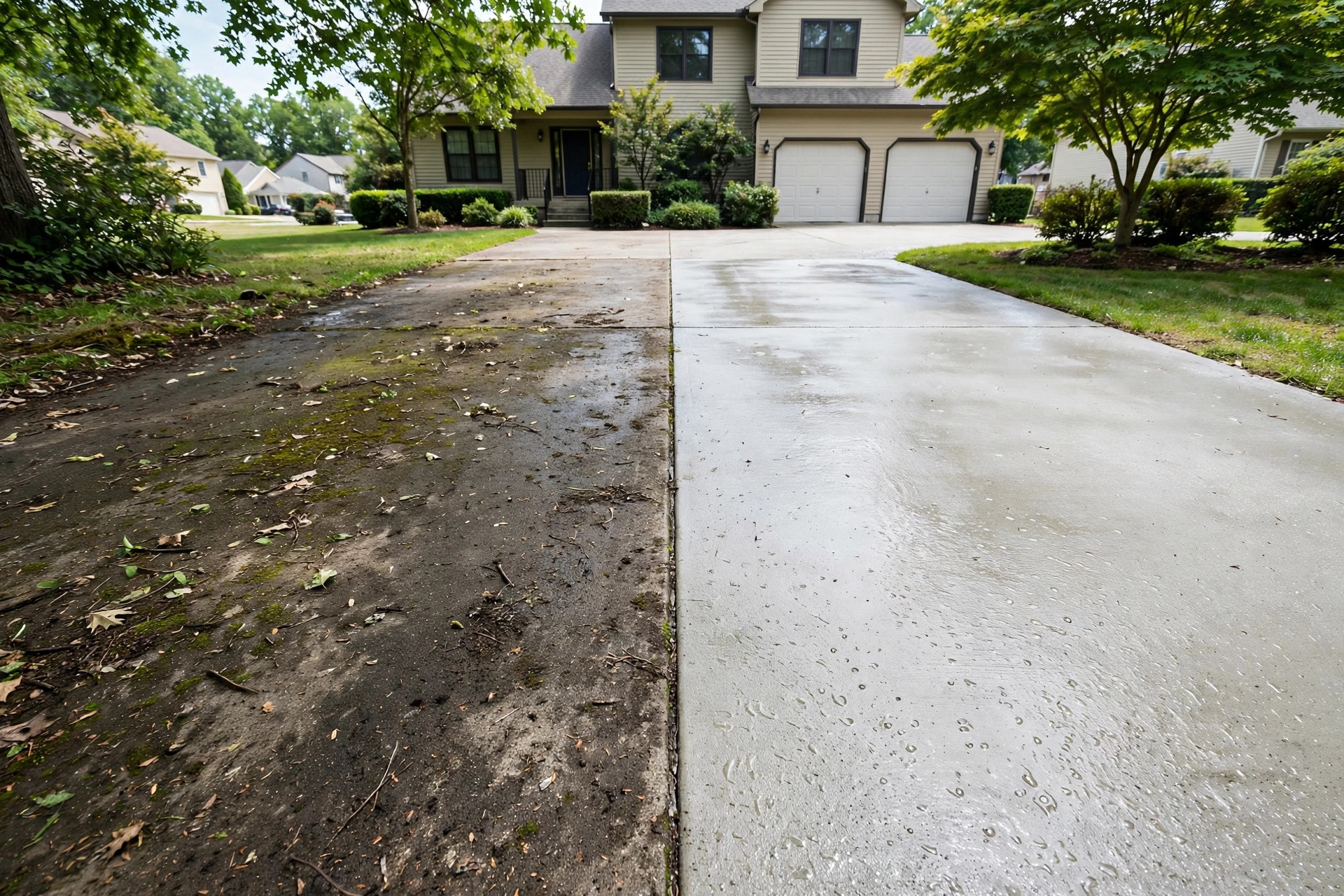 Concrete driveway half cleaned by pressure washing with a sharp line between dirty and clean concrete