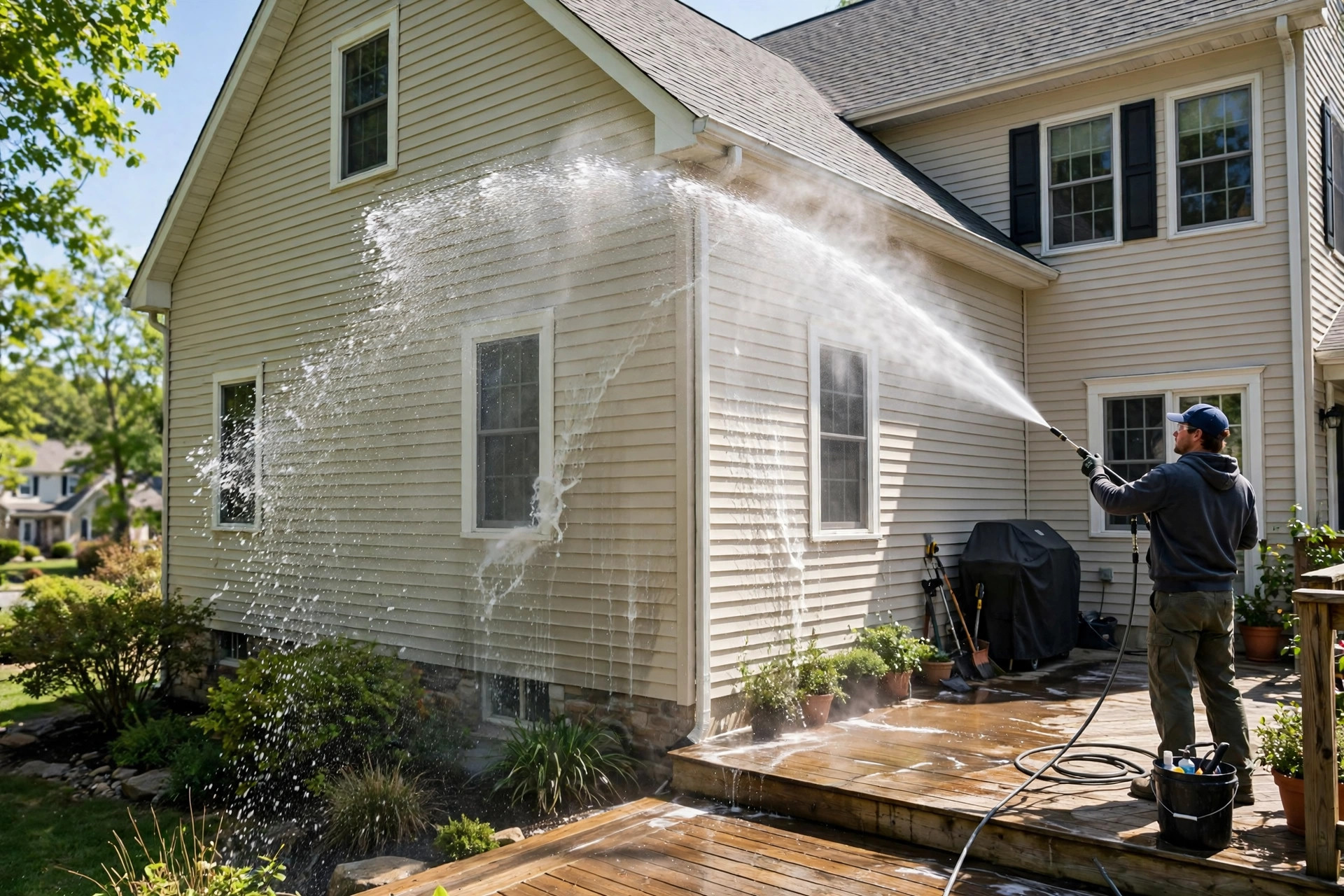 Worker pressure washing house siding and patio on a sunny day