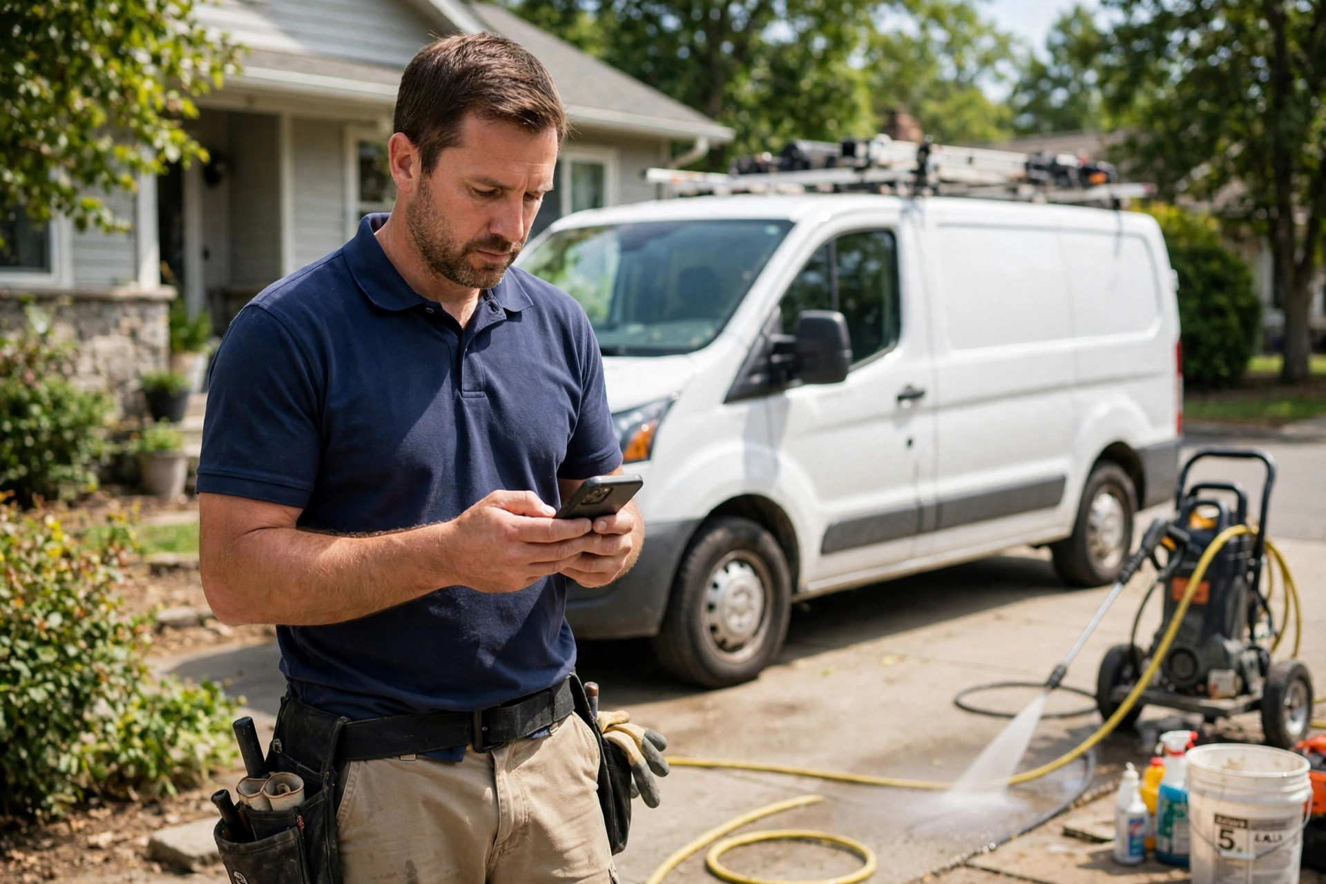 Pressure washing business owner checking scheduled jobs on a phone at a job site