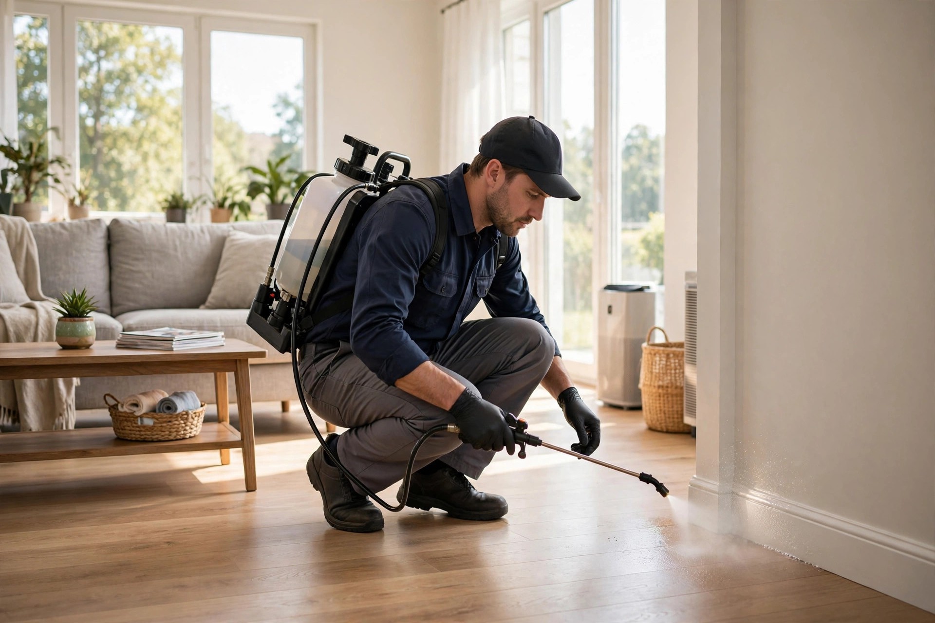 Pest control technician spraying the baseboards of a living room during a treatment visit