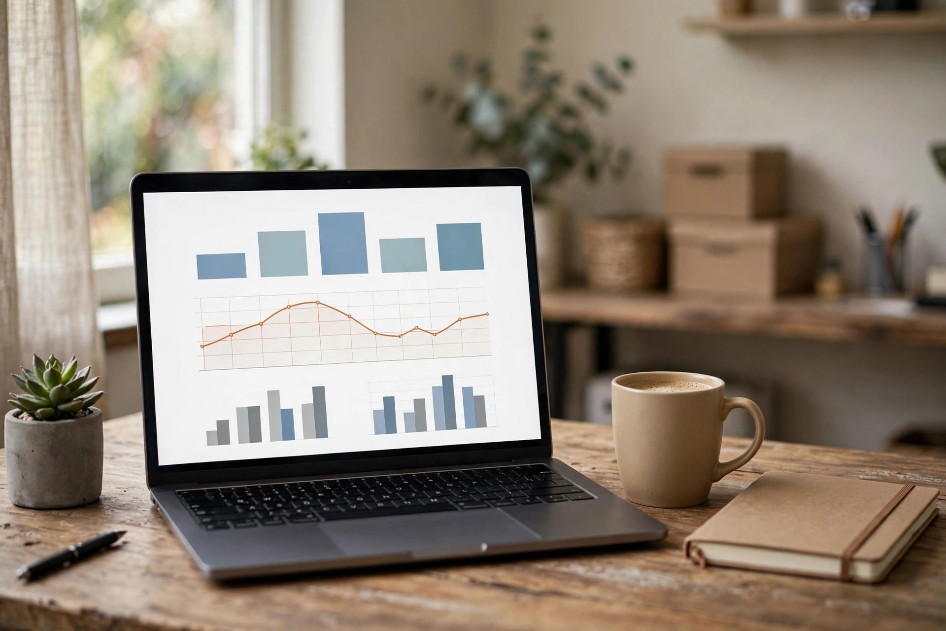Laptop showing an advertising dashboard with cost charts in a small business office