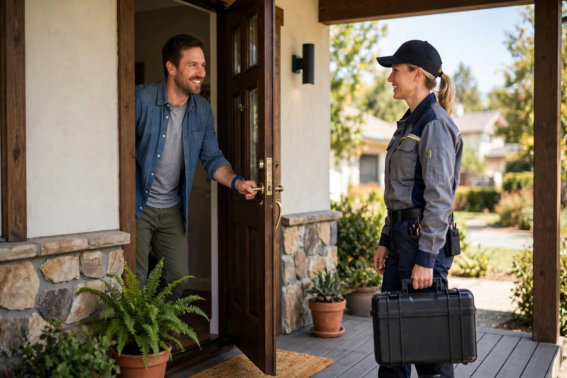 Smiling homeowner greeting a pest control technician at the front door