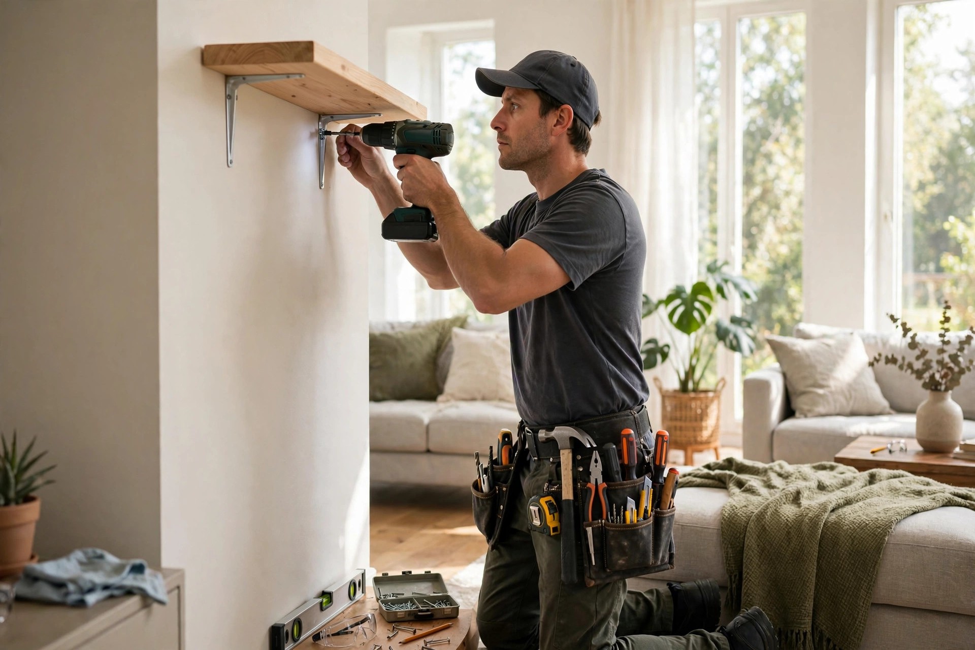 Google Ads Cost for Handyman Services Handyman using a power drill to mount a wooden shelf on a living room wall