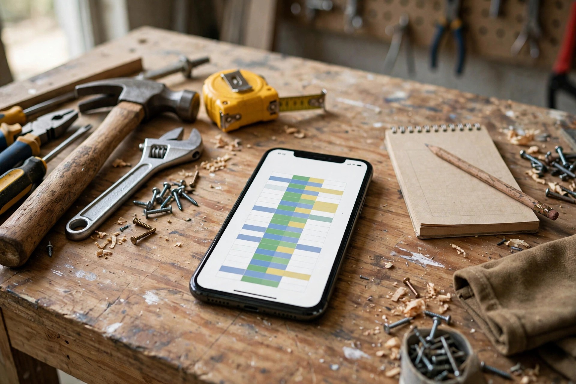 Google Ads Cost for Handyman Services Smartphone on a workbench showing a calendar with booked service appointments