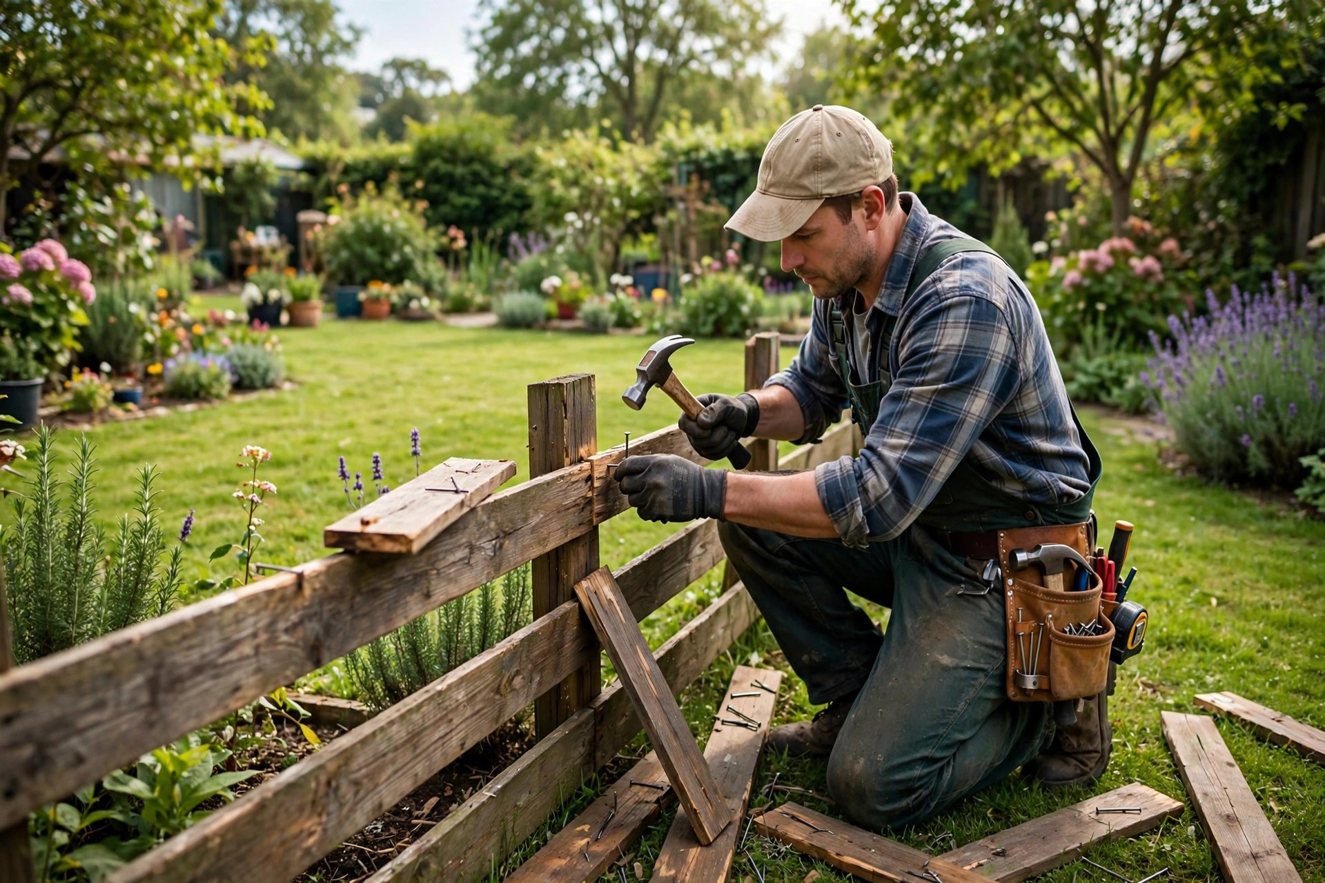 Google Ads Cost for Handyman Services Handyman repairing a wooden backyard fence with a hammer and nails
