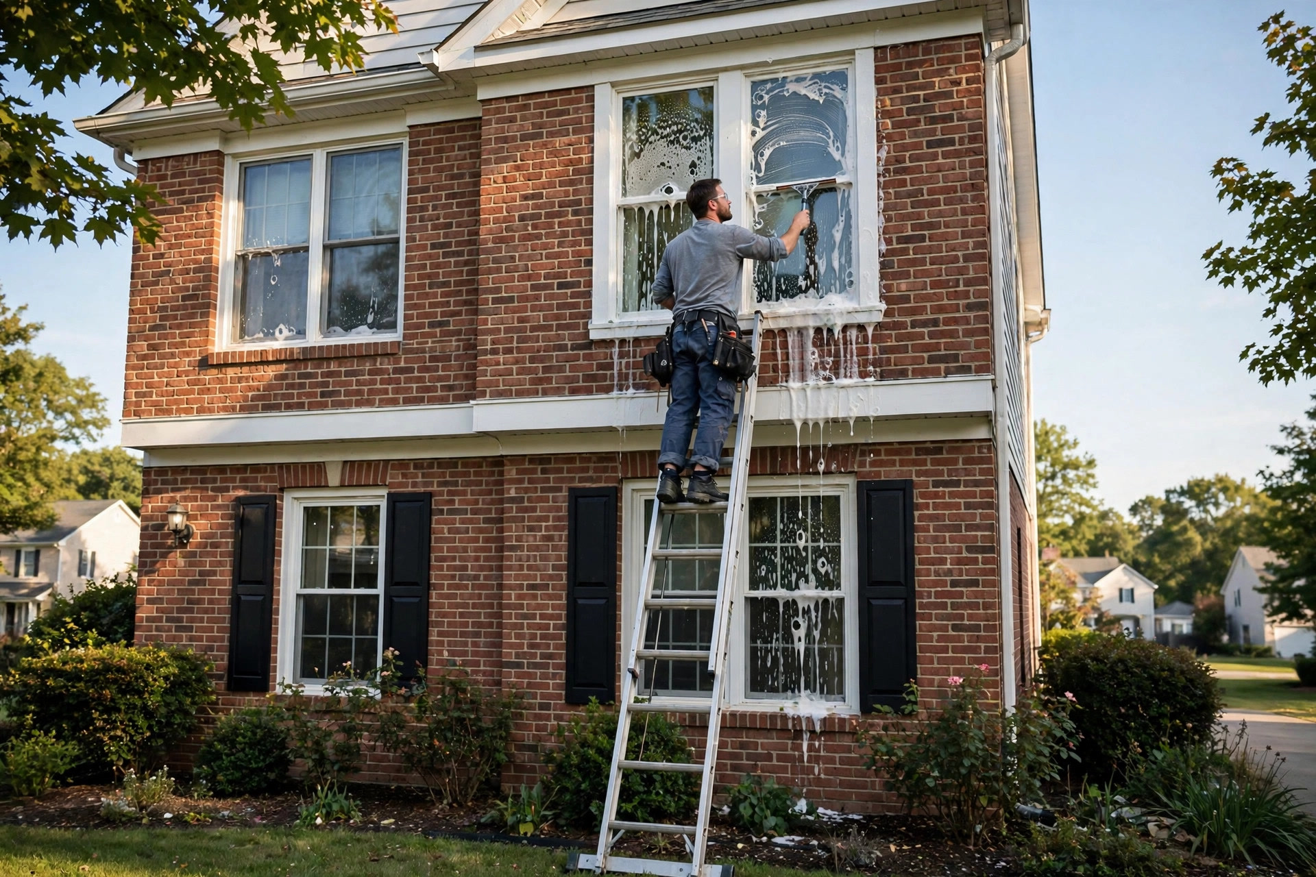 Window cleaner on a ladder washing the upper windows of a two story brick house