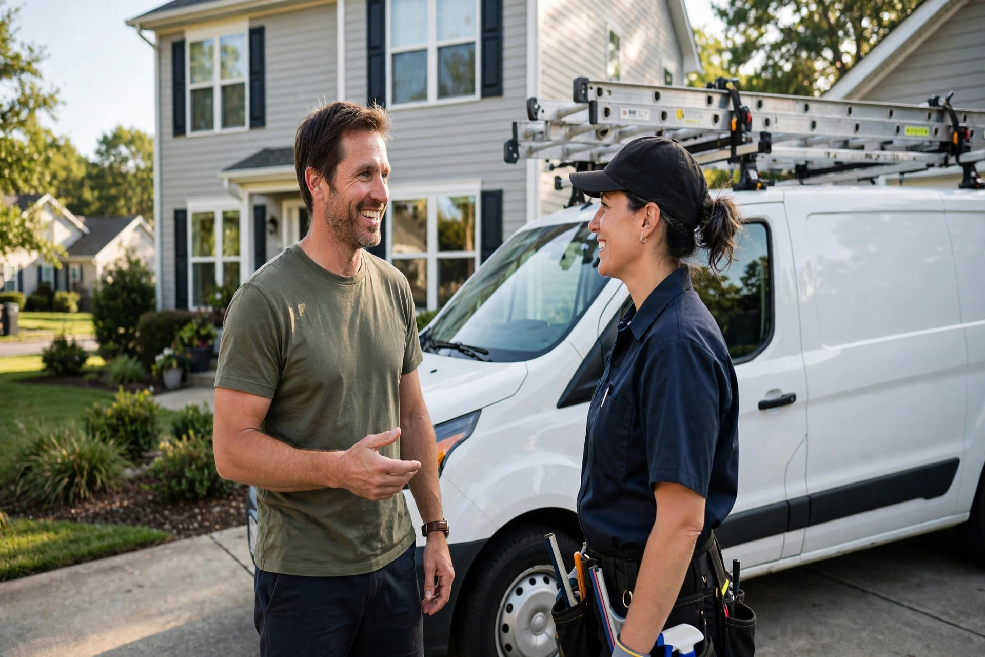 Homeowner talking with a window cleaning technician beside a service van in a driveway