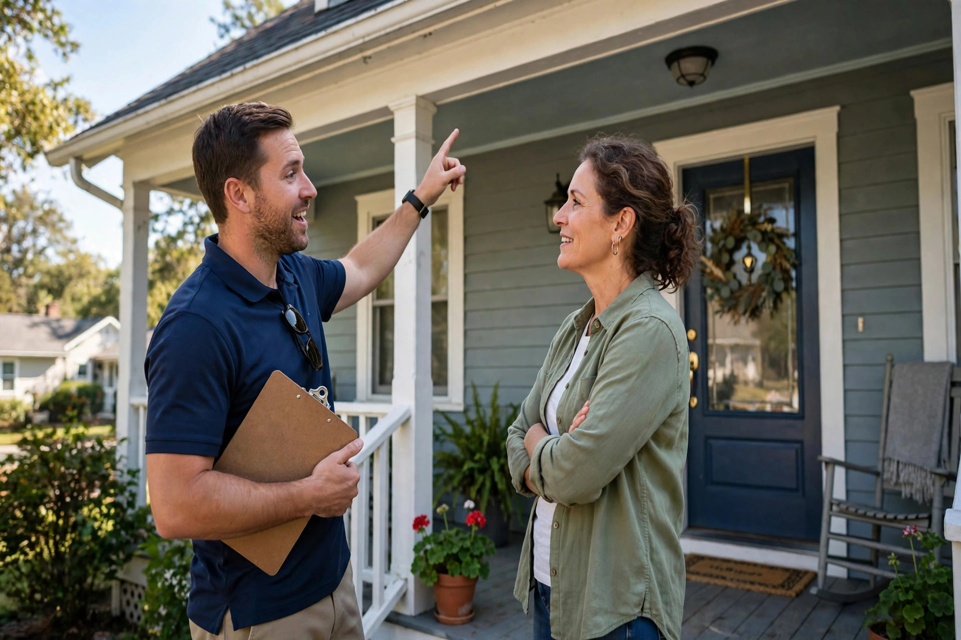Lead Follow-Up Automation for Roofing Companies Roofing salesperson talking with a homeowner on a front porch about a roof estimate