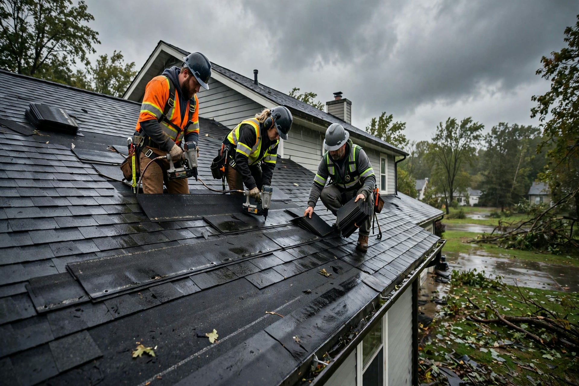 Lead Follow-Up Automation for Roofing Companies Roofing crew installing new shingles on a house roof after a storm
