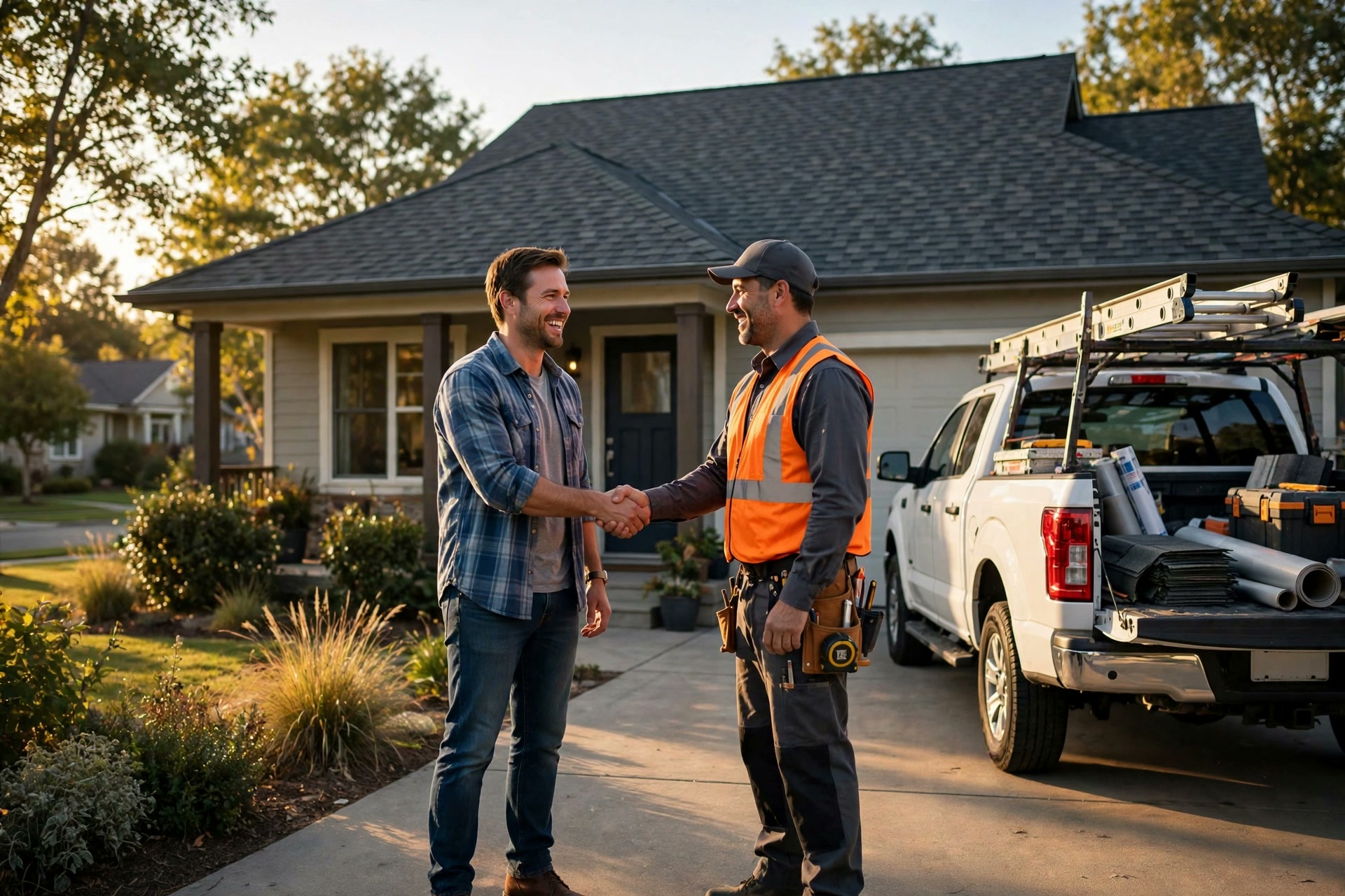 Lead Follow-Up Automation for Roofing Companies Homeowner shaking hands with a roofing contractor in front of a new roof