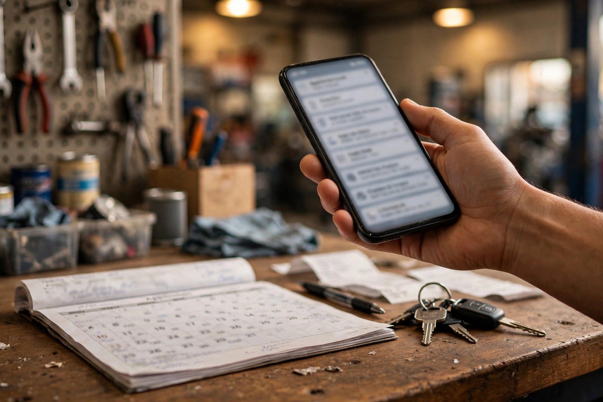 Hand holding a smartphone showing a blurred appointment reminder message beside an appointment book and car keys