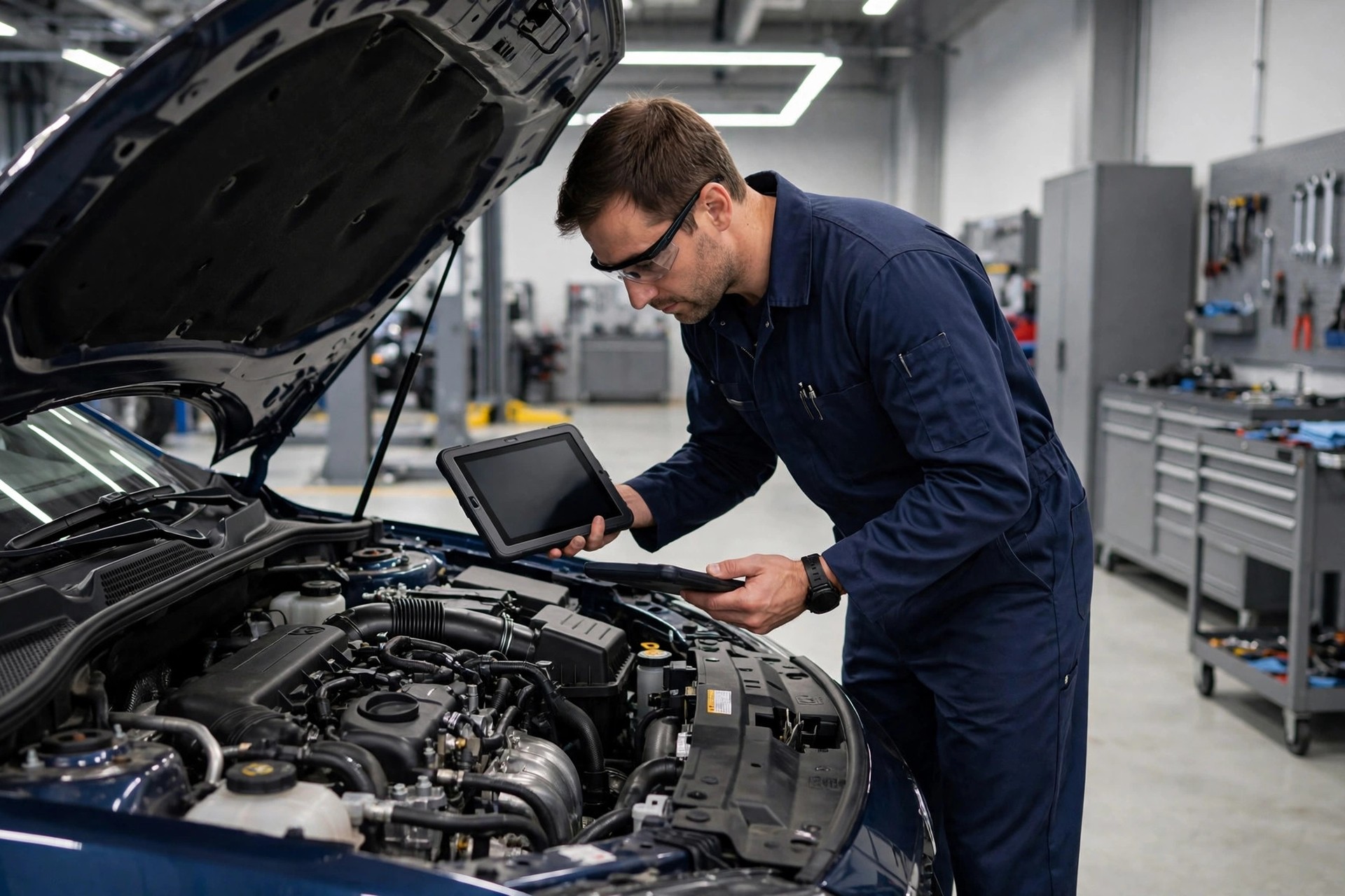 Mechanic in a navy uniform working on a car engine in a clean modern service bay