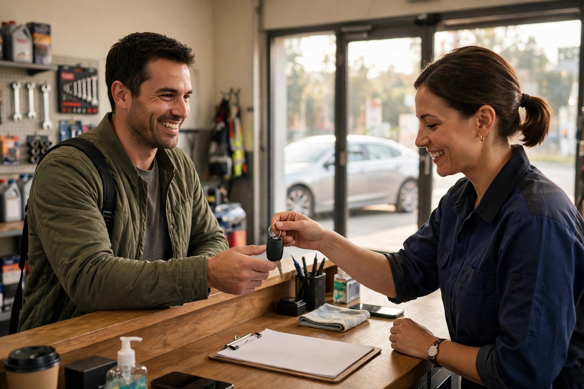 Smiling customer receiving car keys from a service advisor across an auto repair shop counter