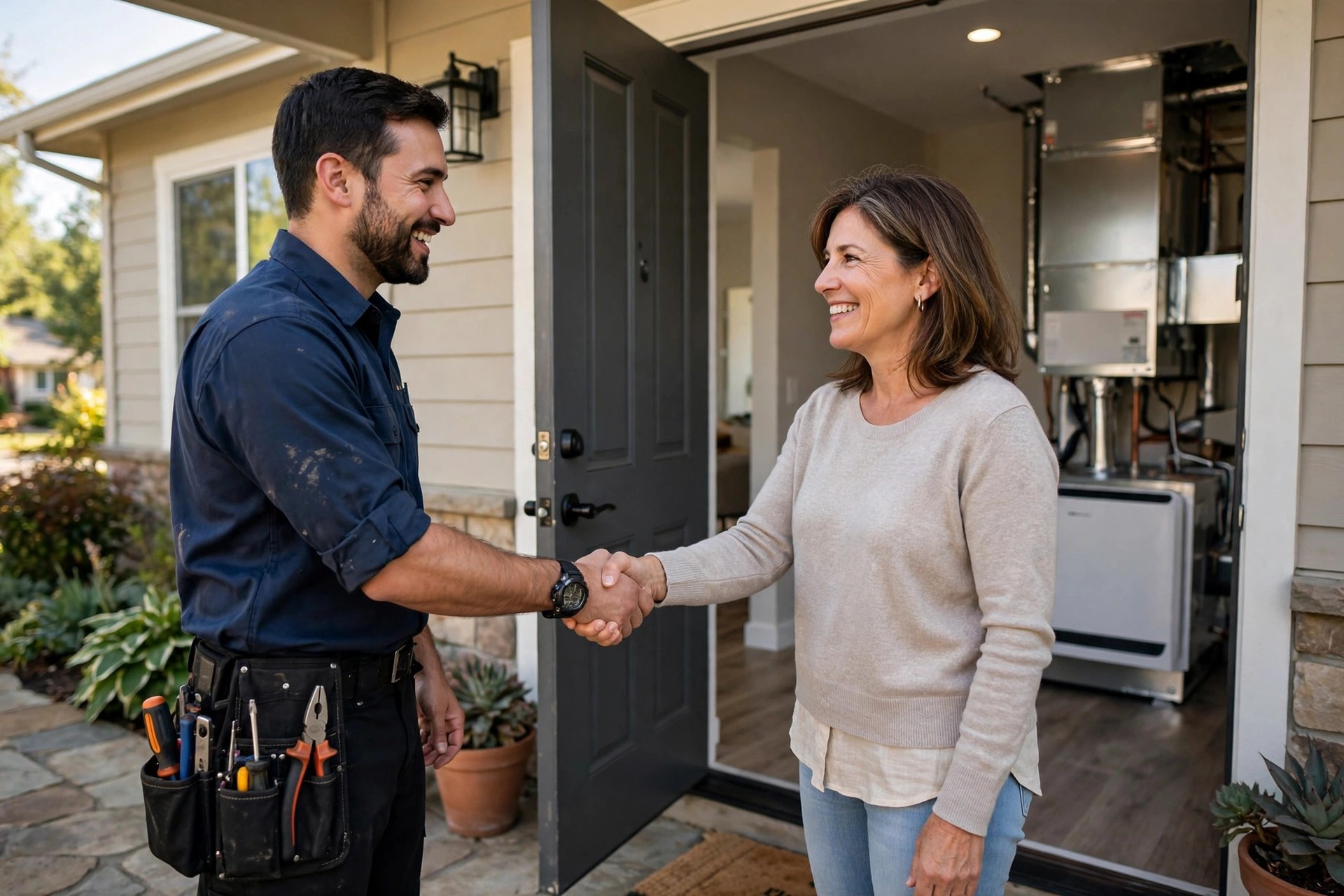 HVAC technician shaking hands with a smiling homeowner at the front door after a service visit