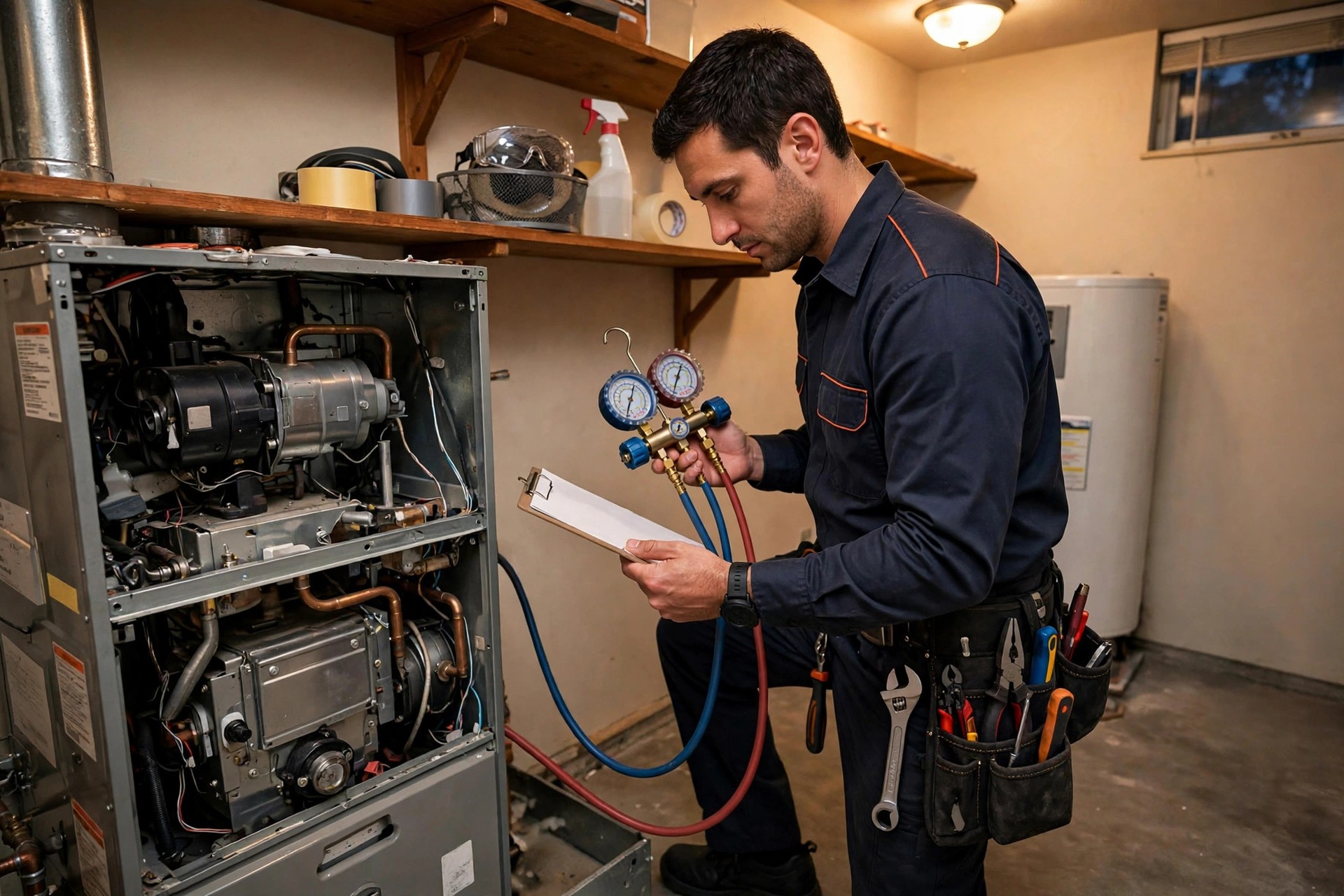 HVAC technician performing a tune-up on an indoor furnace unit in a home utility room